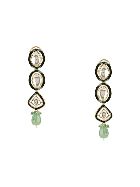 Long Meenakari Kundan Earrings with Emeralds - Ruby Raang - Swadesiicart