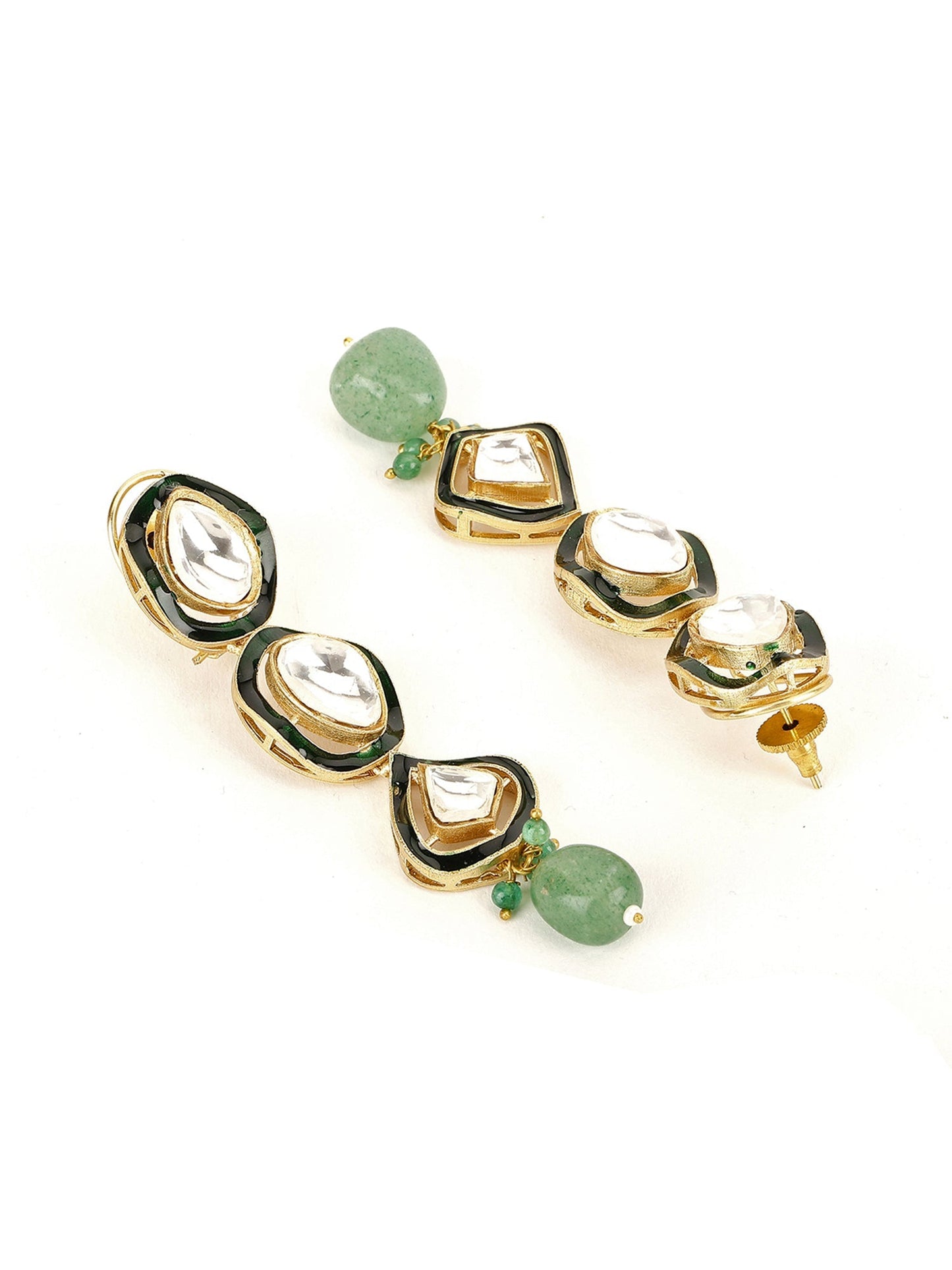Long Meenakari Kundan Earrings with Emeralds - Ruby Raang - Swadesiicart