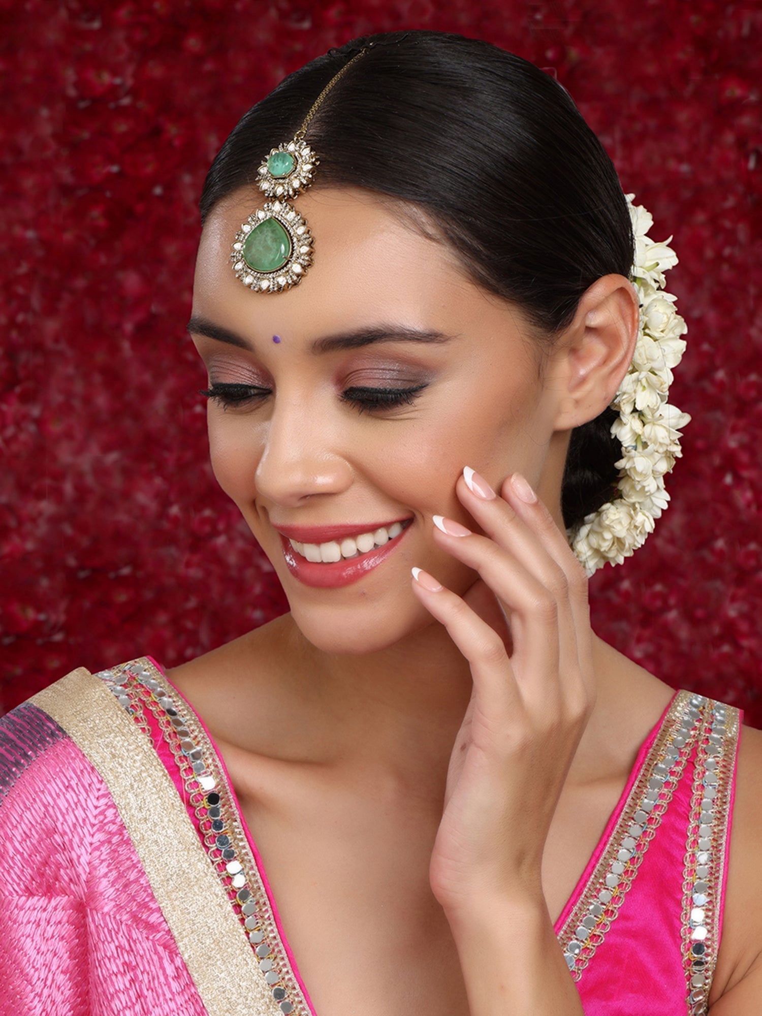 Kundan Maang Tikka with Diamonds & Semi Precious Stone - Ruby Raang | Swadesiicart