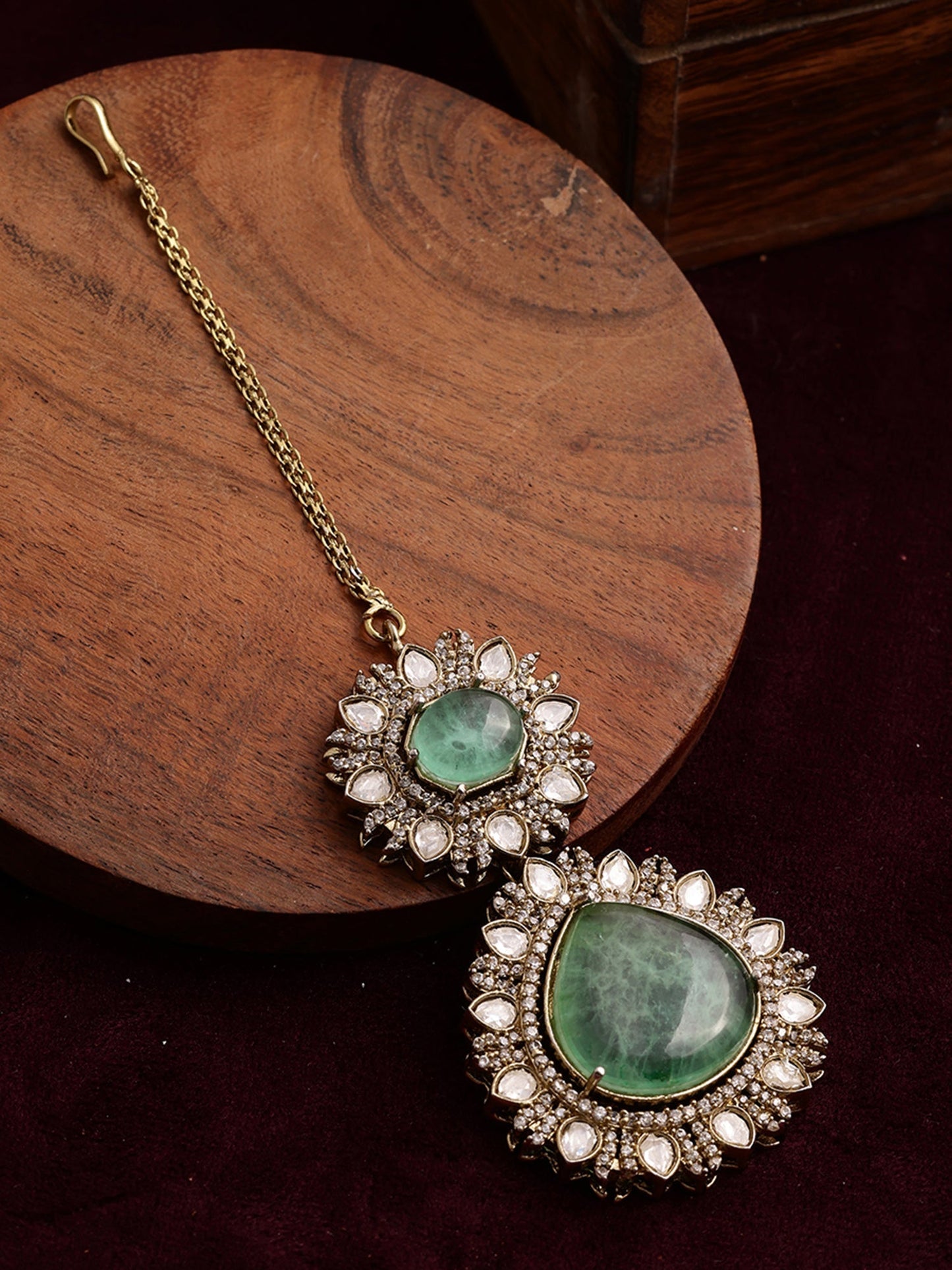 Kundan Maang Tikka with Diamonds & Semi Precious Stone - Ruby Raang | Swadesiicart