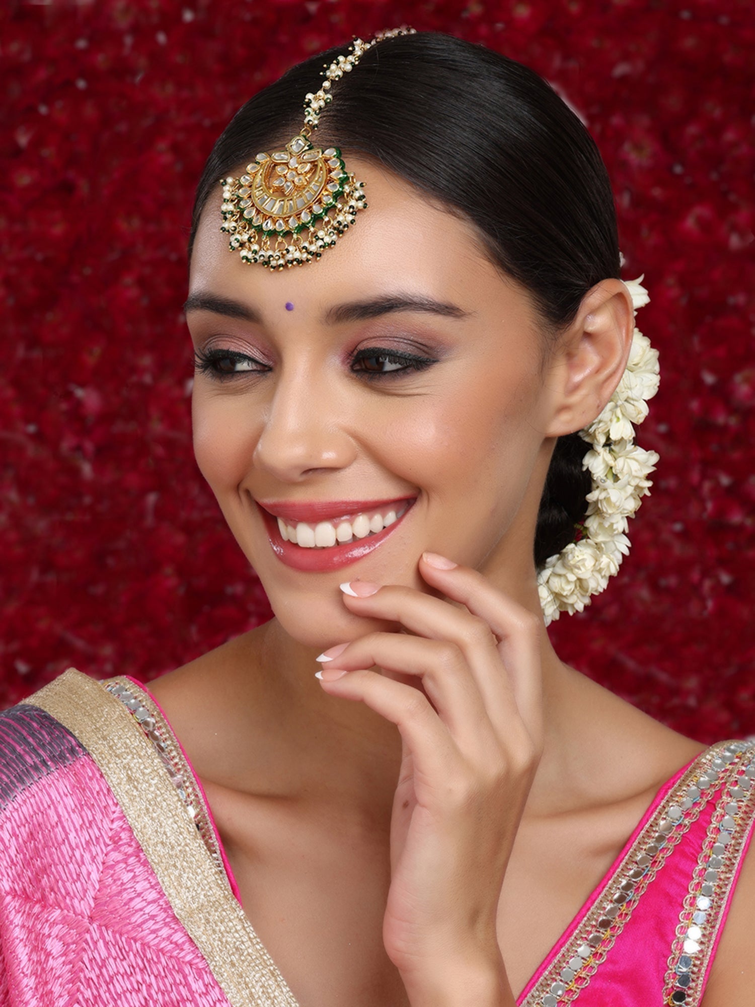 Meenakari and Pearl Kundan Maang Tikka - Ruby Raang | Swadesiicart