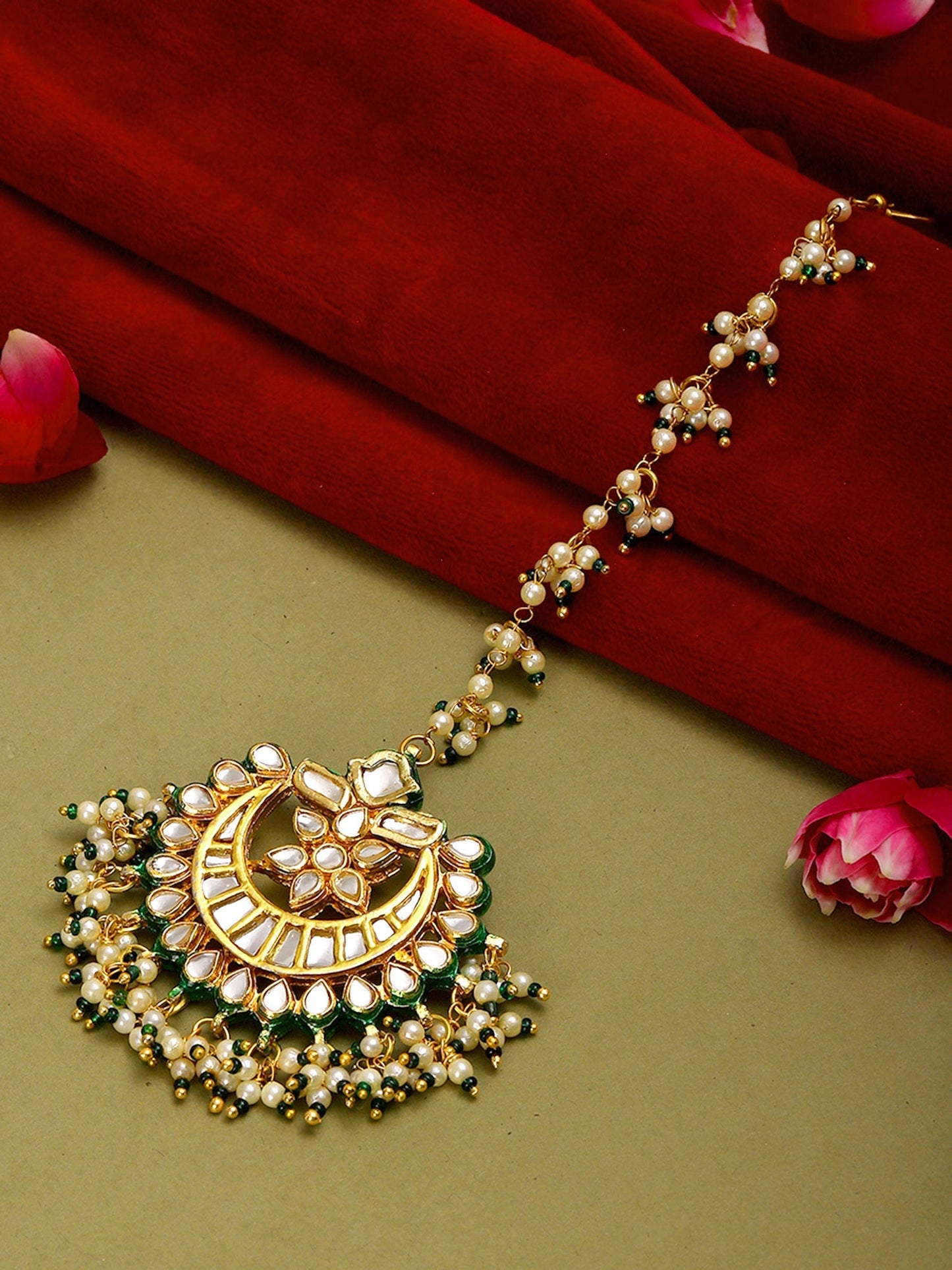 Meenakari and Pearl Kundan Maang Tikka - Ruby Raang | Swadesiicart