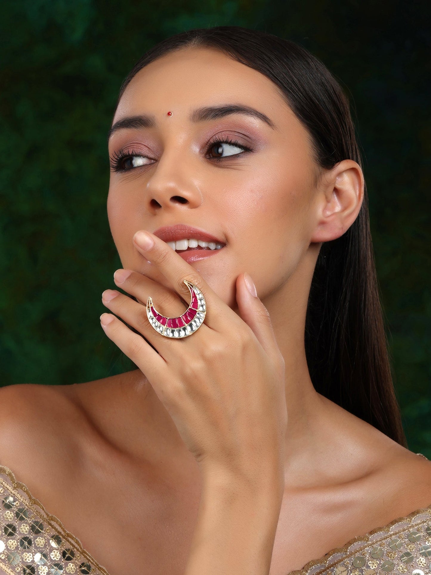 Half Moon Kundan Ring - Ruby Raang | Swadesiicart