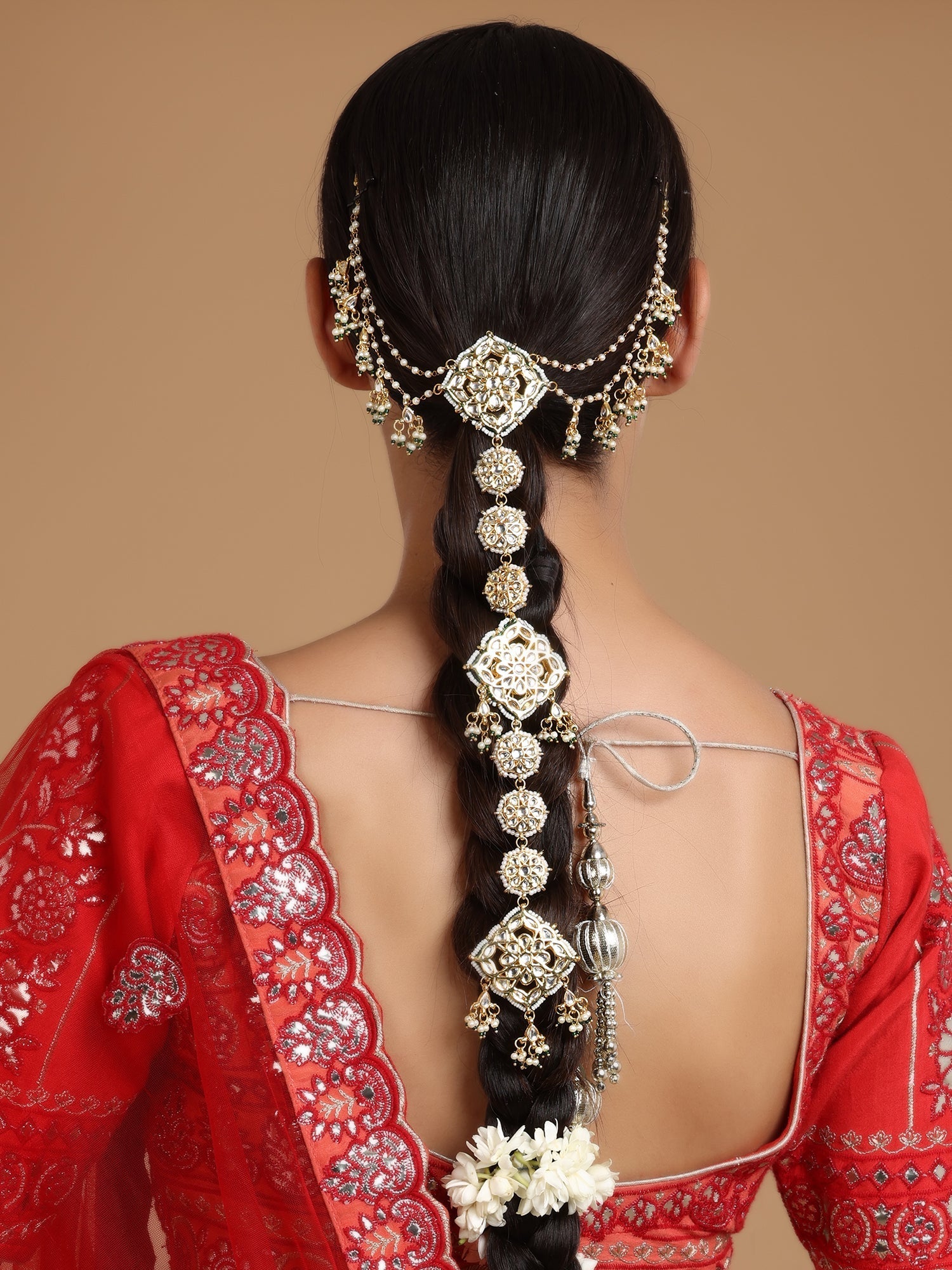 Kundan and Pearl Hair Braid (Chotti) - Ruby Raang | Swadesiicart