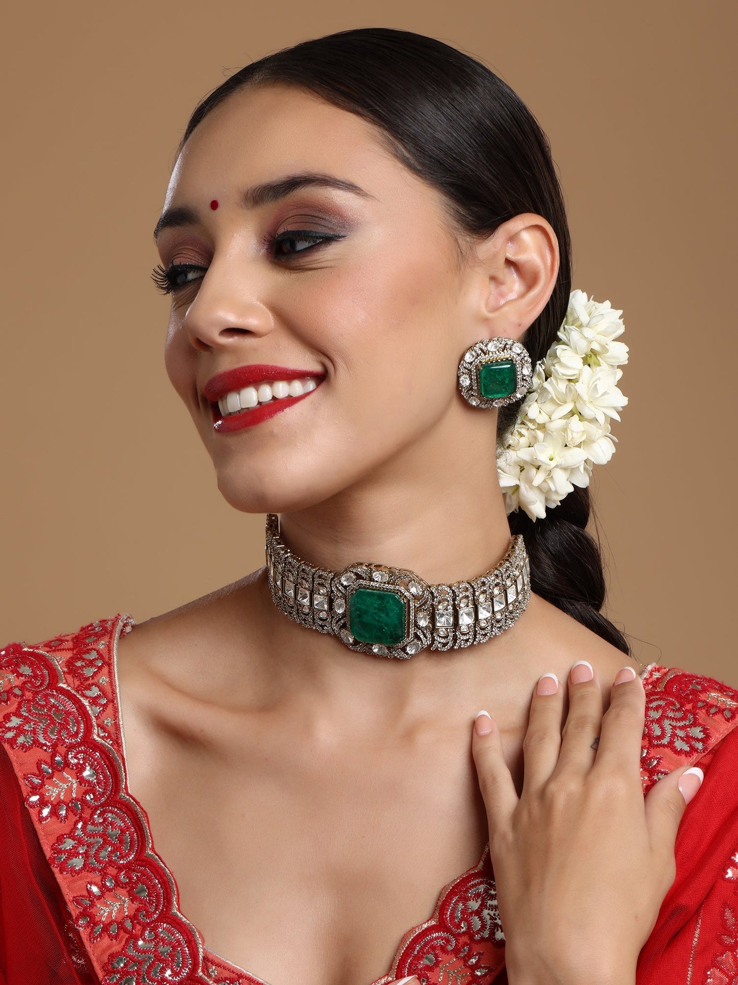 Emerald Stone with Diamonds and Mossainite Choker and Studs - Ruby Raang - Swadesiicart