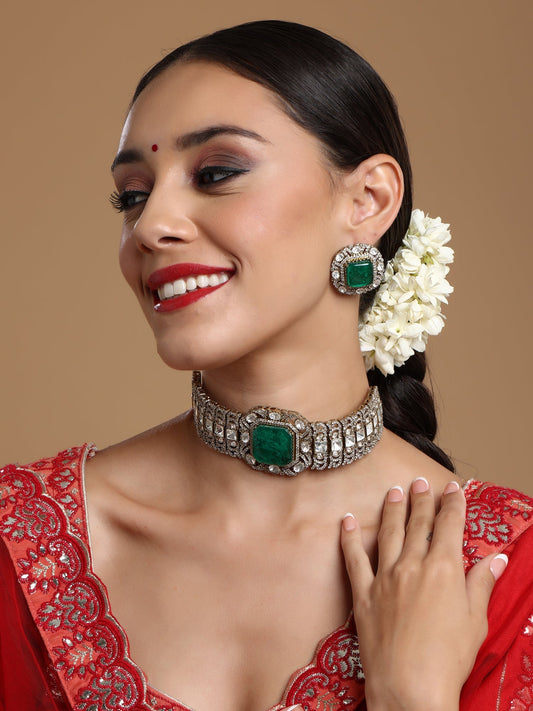 Emerald Stone with Diamonds and Mossainite Choker and Studs - Ruby Raang - Swadesiicart