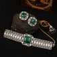 Emerald Stone with Diamonds and Mossainite Choker and Studs - Ruby Raang - Swadesiicart