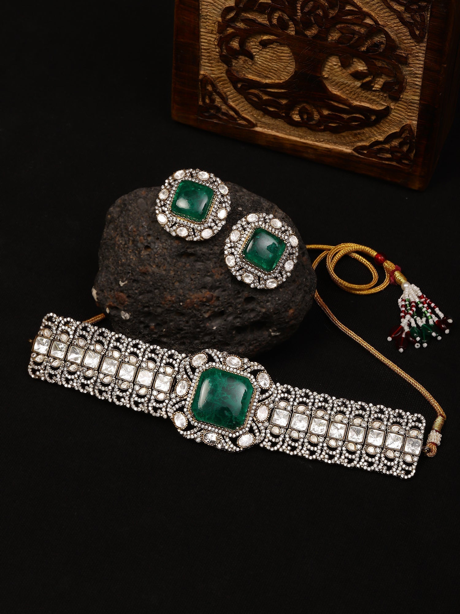 Emerald Stone with Diamonds and Mossainite Choker and Studs - Ruby Raang - Swadesiicart