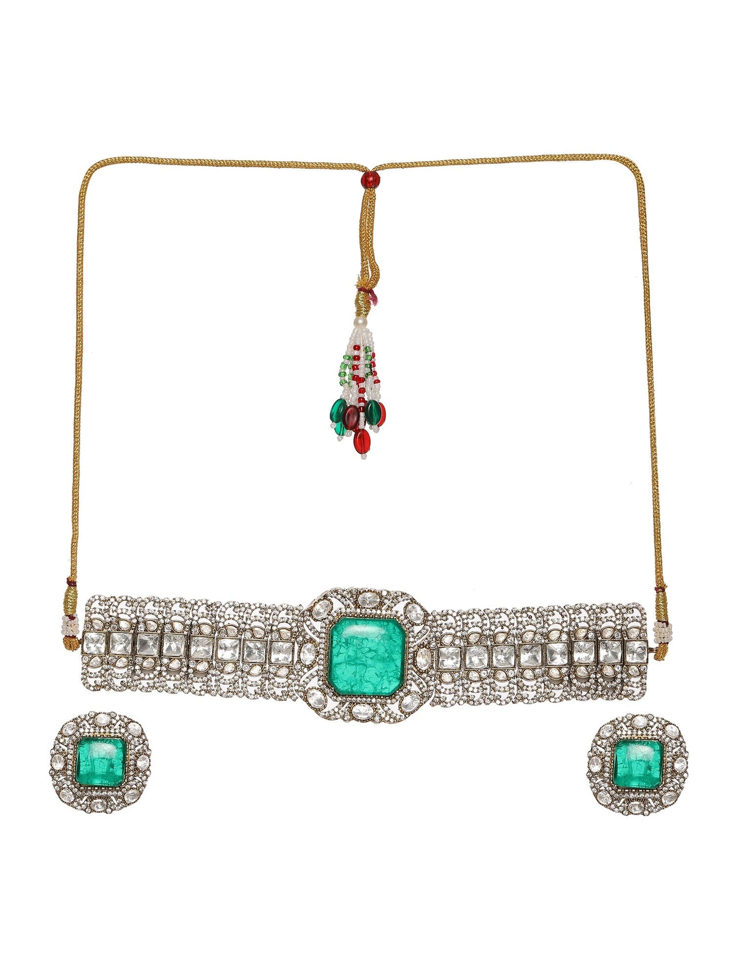 Emerald Stone with Diamonds and Mossainite Choker and Studs - Ruby Raang - Swadesiicart