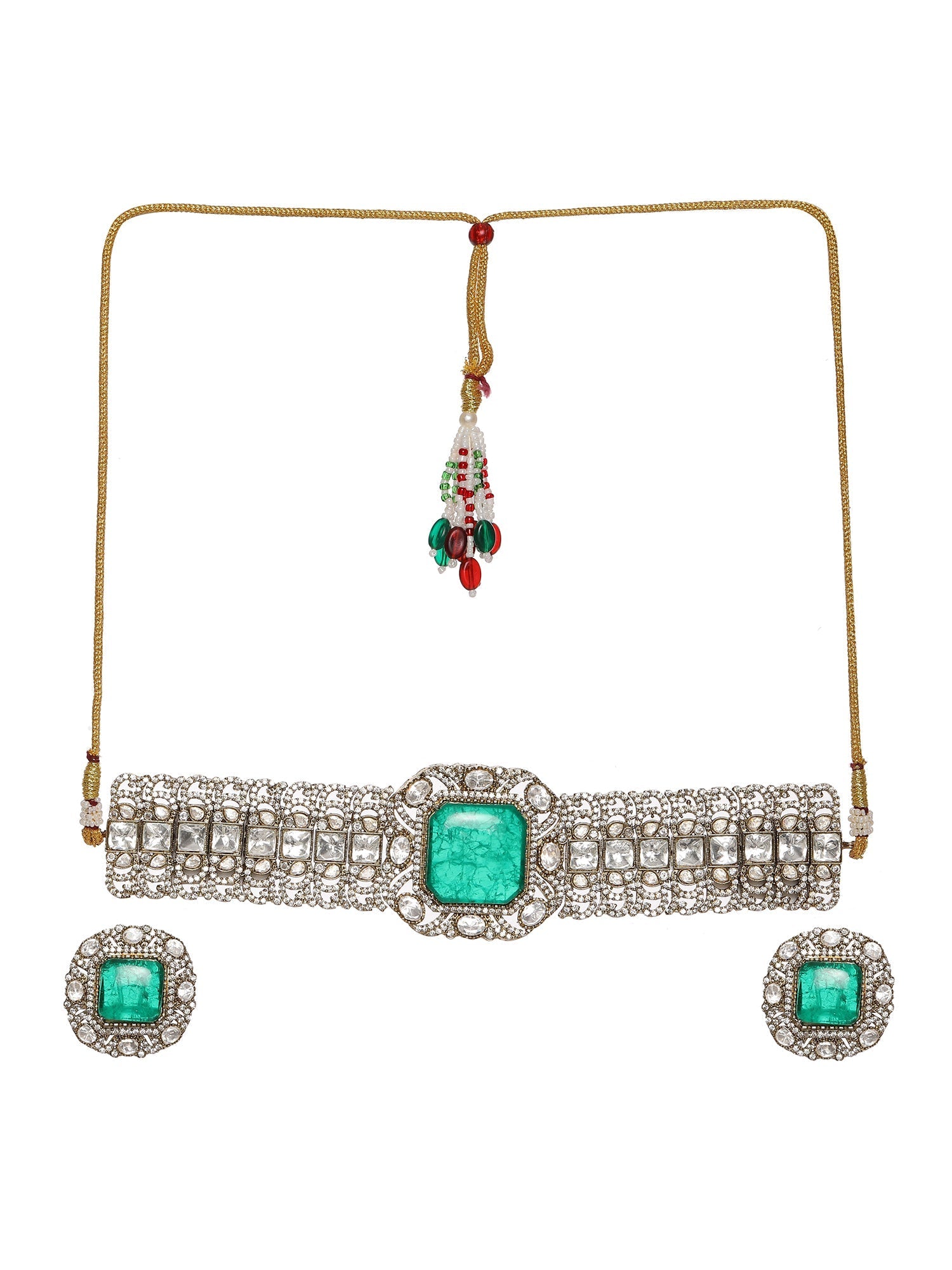 Emerald Stone with Diamonds and Mossainite Choker and Studs - Ruby Raang - Swadesiicart