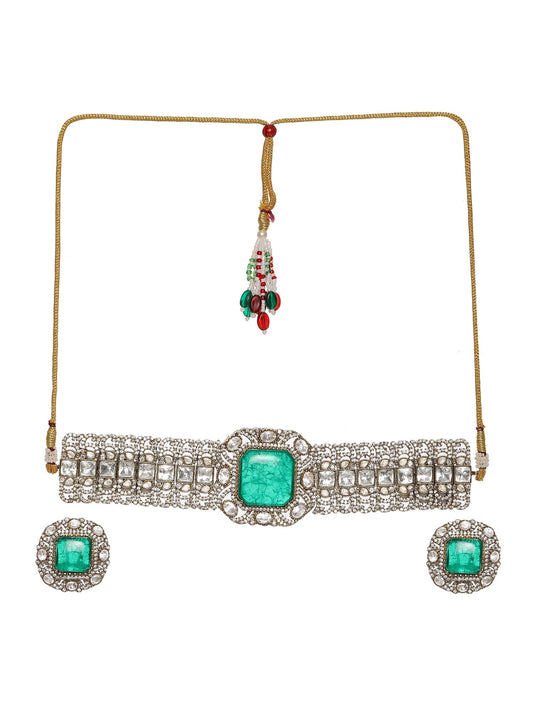 Emerald Stone with Diamonds and Mossainite Choker and Studs - Ruby Raang - Swadesiicart