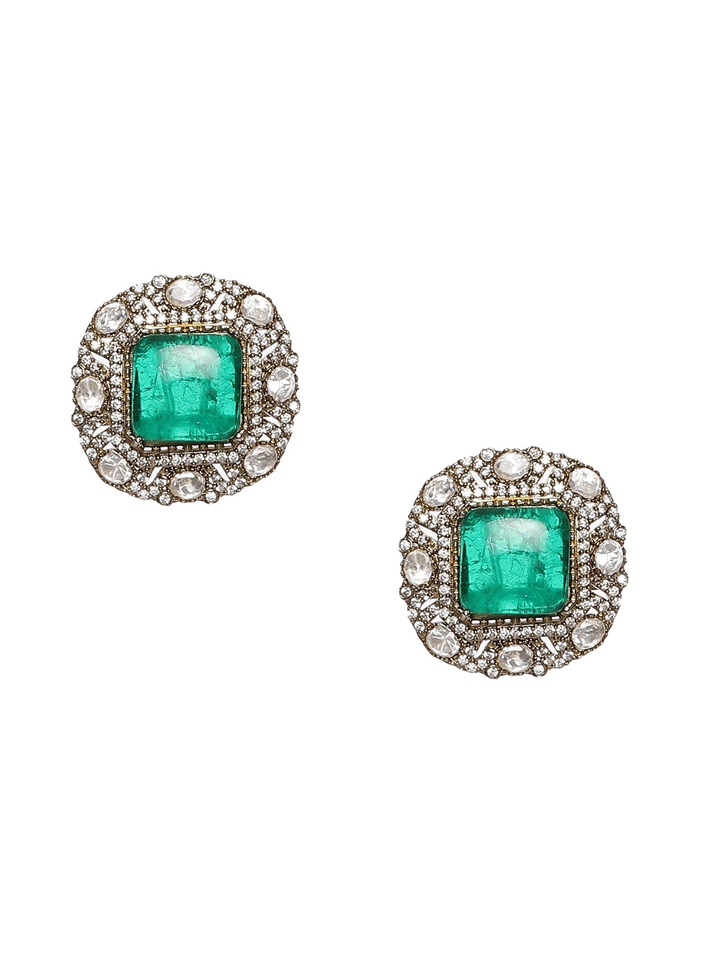 Emerald Stone with Diamonds and Mossainite Choker and Studs - Ruby Raang - Swadesiicart