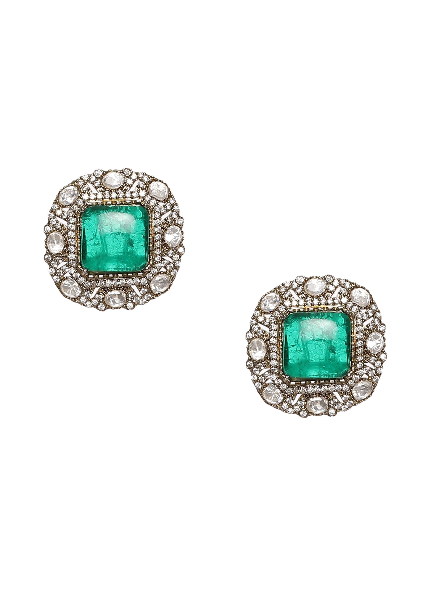 Emerald Stone with Diamonds and Mossainite Choker and Studs - Ruby Raang - Swadesiicart