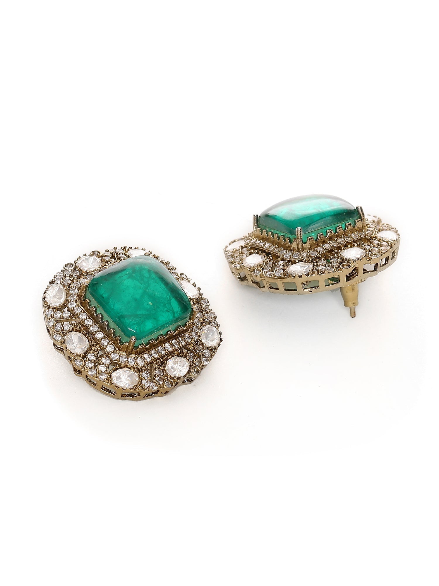 Emerald Stone with Diamonds and Mossainite Choker and Studs - Ruby Raang - Swadesiicart