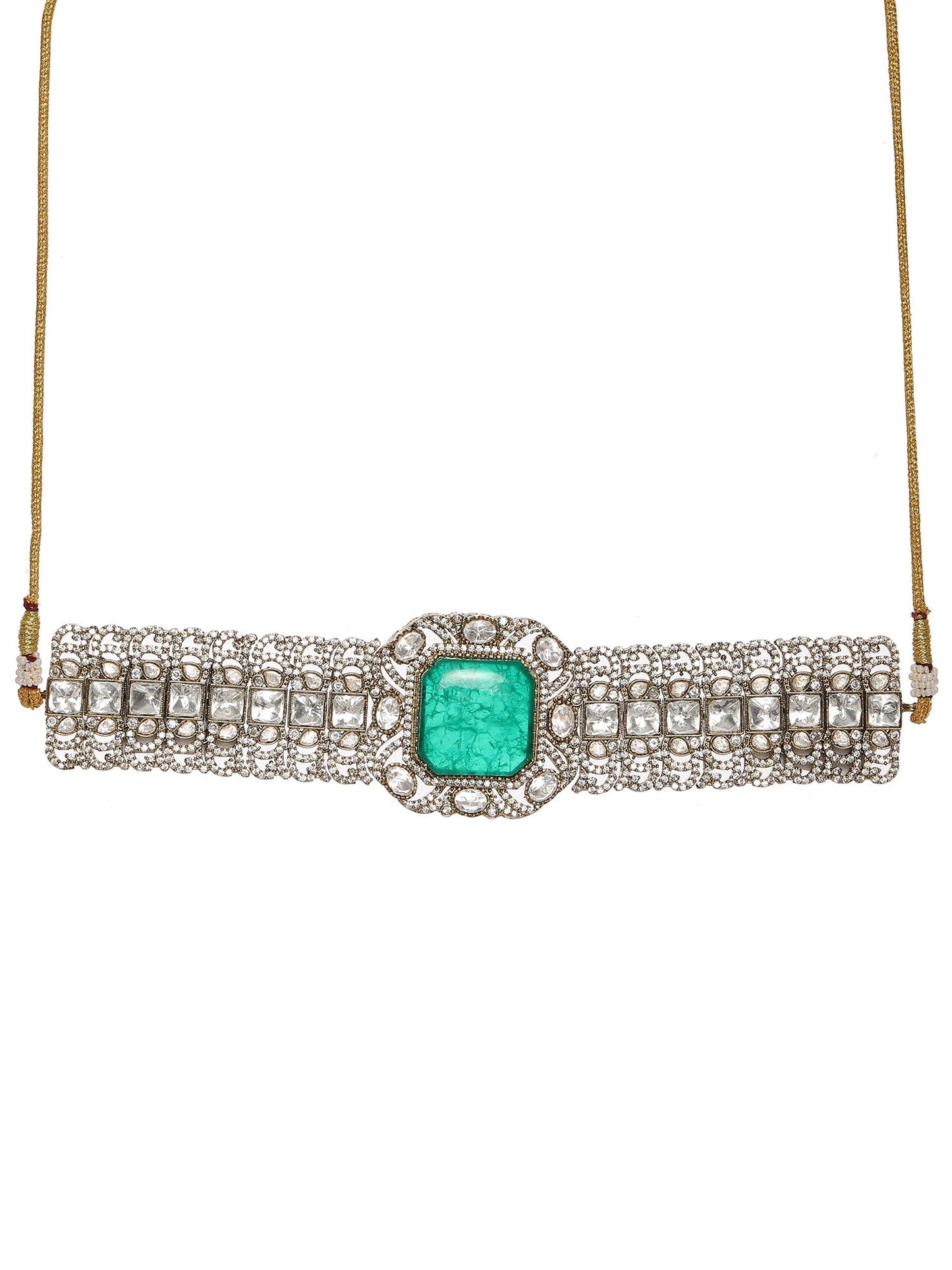 Emerald Stone with Diamonds and Mossainite Choker and Studs - Ruby Raang - Swadesiicart