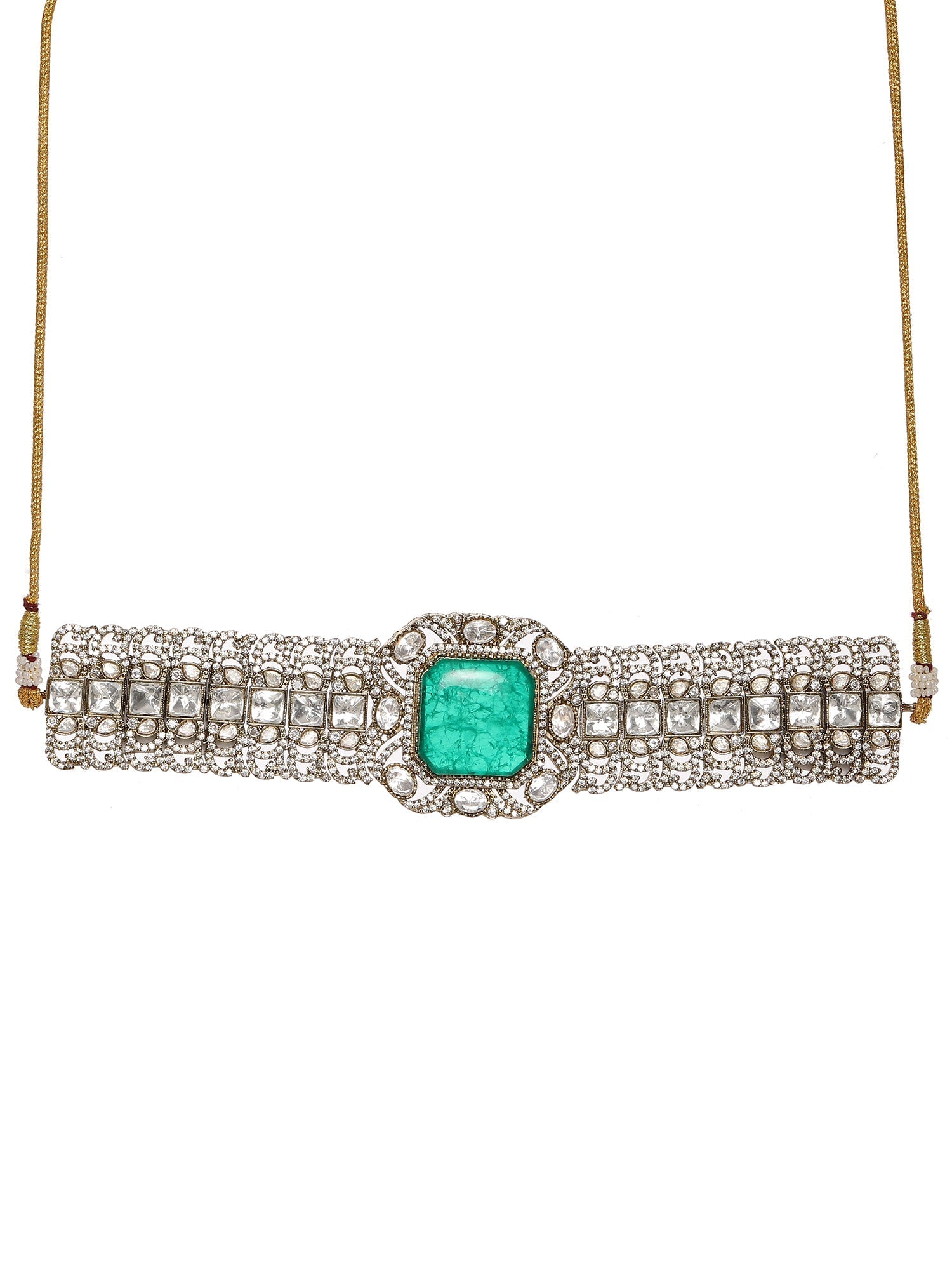 Emerald Stone with Diamonds and Mossainite Choker and Studs - Ruby Raang - Swadesiicart