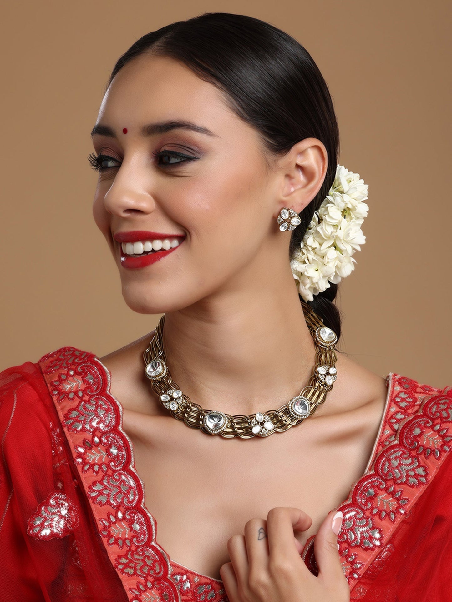 Golden Kundan & Mossainite Hasli Choker with Studs - Ruby Raang - Swadesiicart