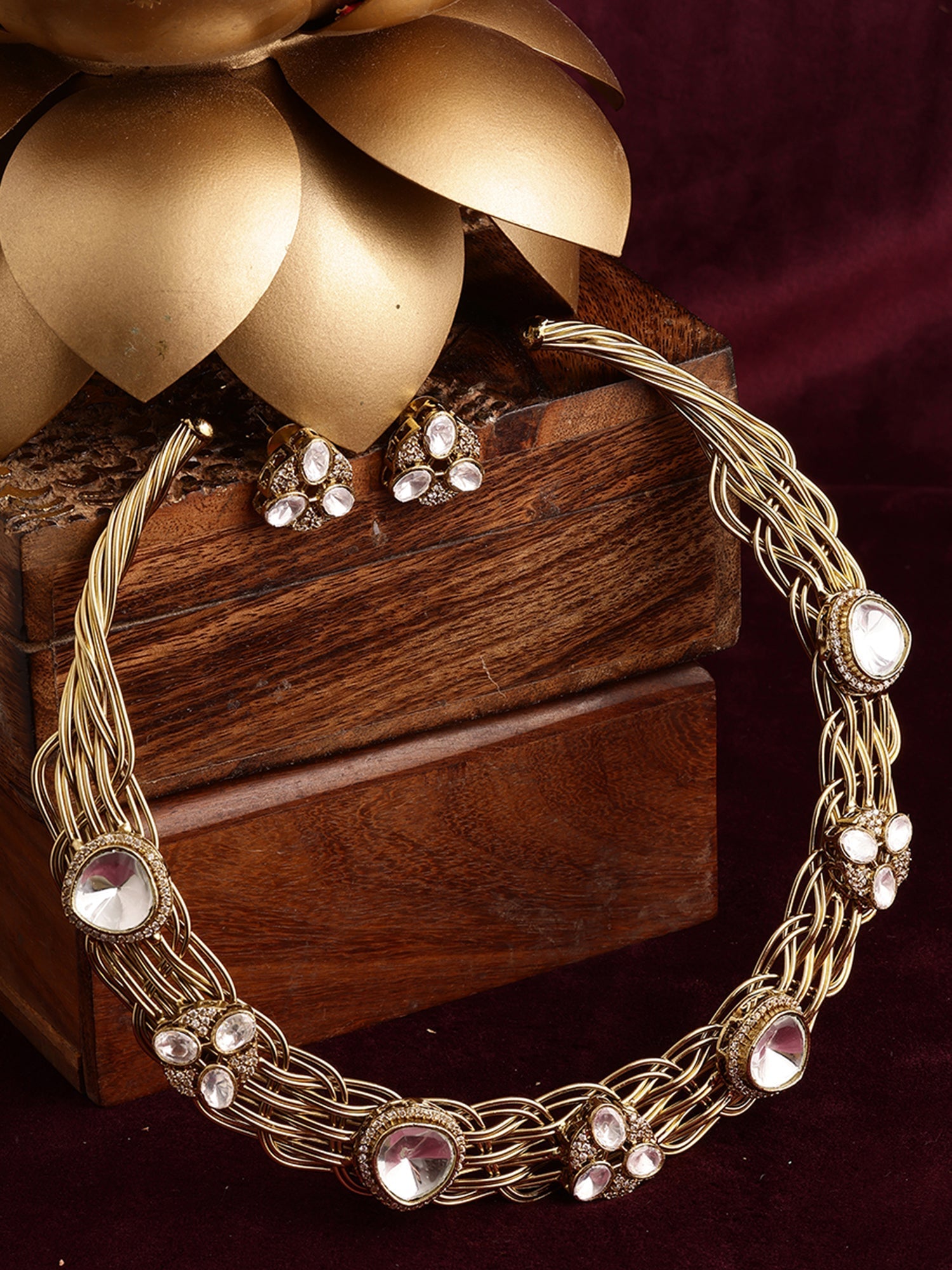 Golden Kundan & Mossainite Hasli Choker with Studs - Ruby Raang - Swadesiicart