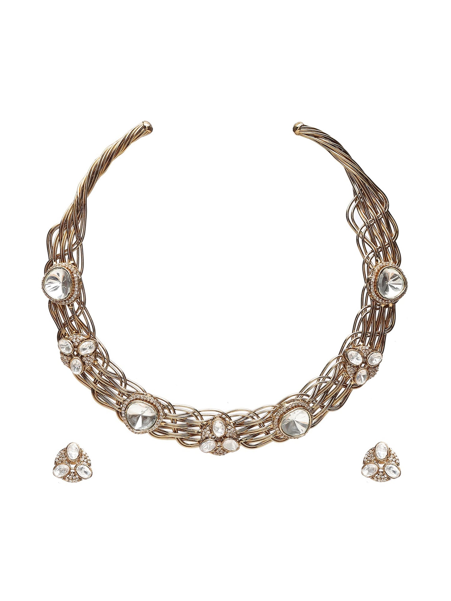 Golden Kundan & Mossainite Hasli Choker with Studs - Ruby Raang - Swadesiicart