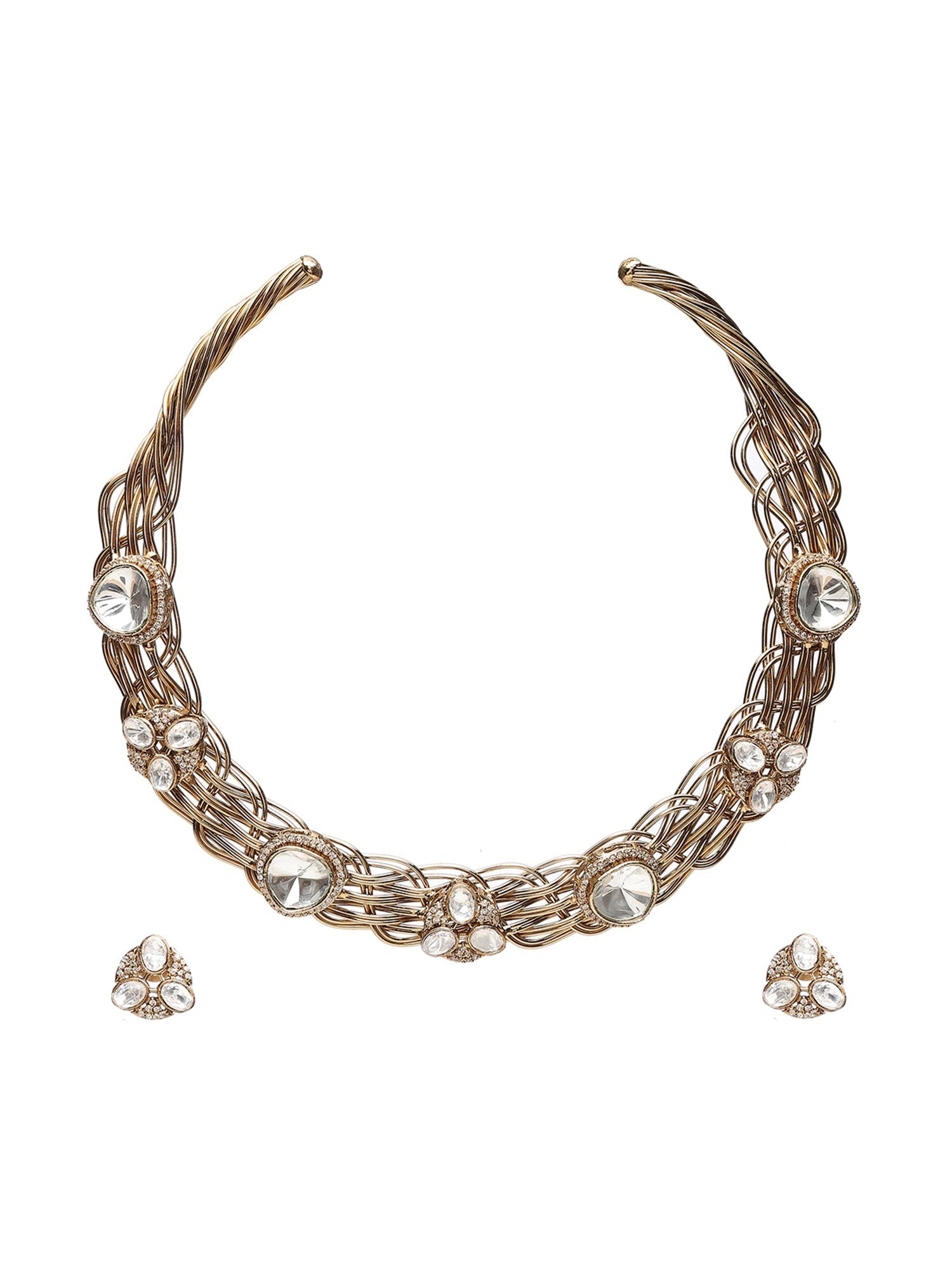 Golden Kundan & Mossainite Hasli Choker with Studs - Ruby Raang - Swadesiicart