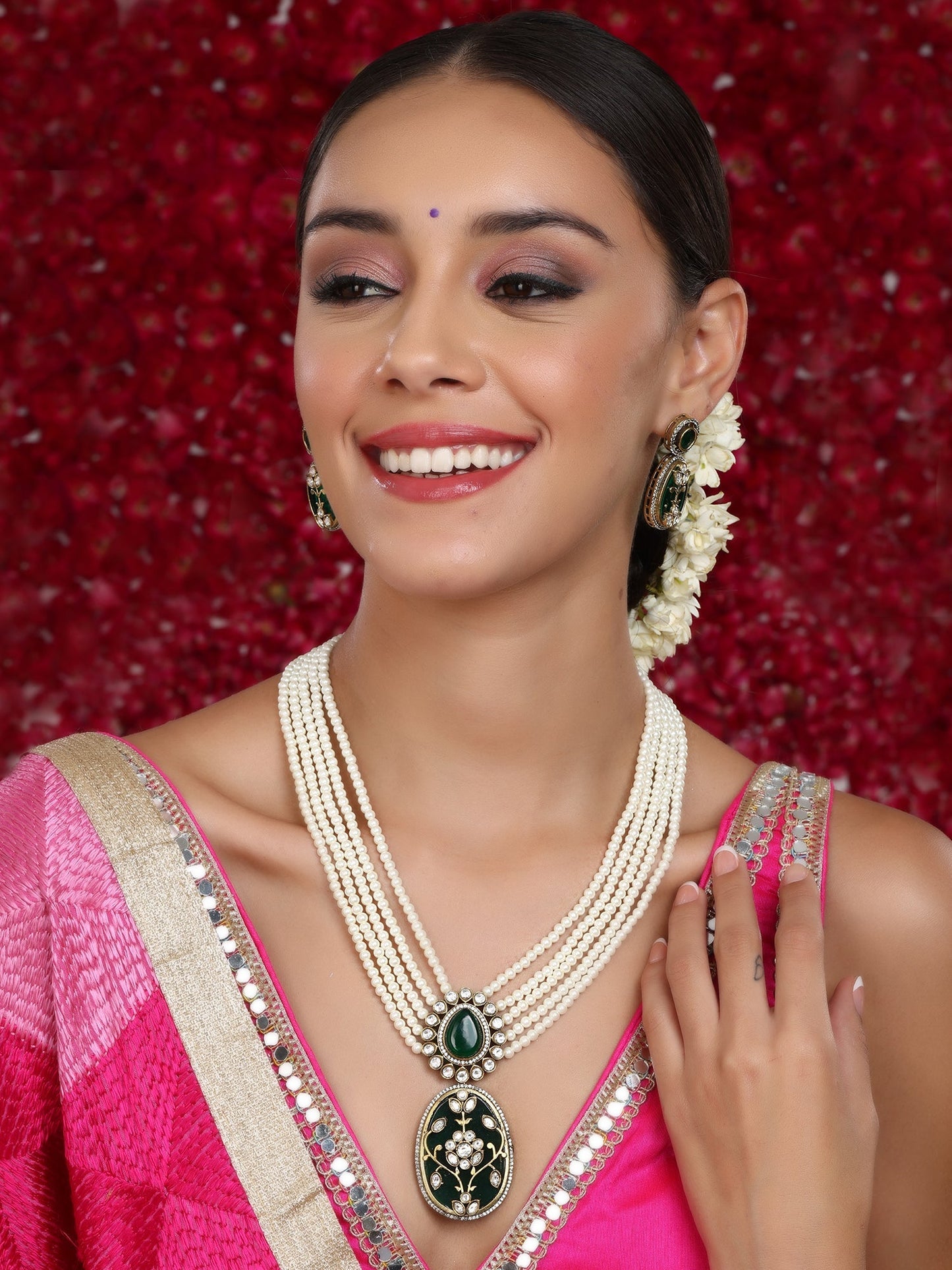 Long Pearl Layered Necklace with Pendant and Matching Earrings - Ruby Raang - Swadesiicart