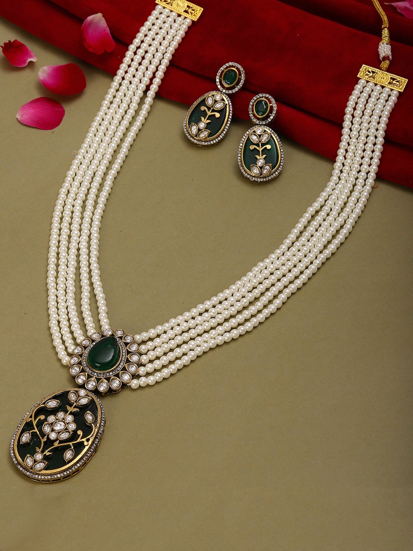 Long Pearl Layered Necklace with Pendant and Matching Earrings - Ruby Raang - Swadesiicart