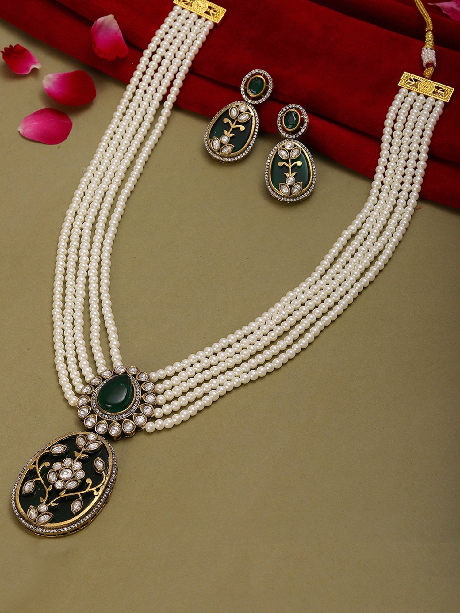 Long Pearl Layered Necklace with Pendant and Matching Earrings - Ruby Raang - Swadesiicart