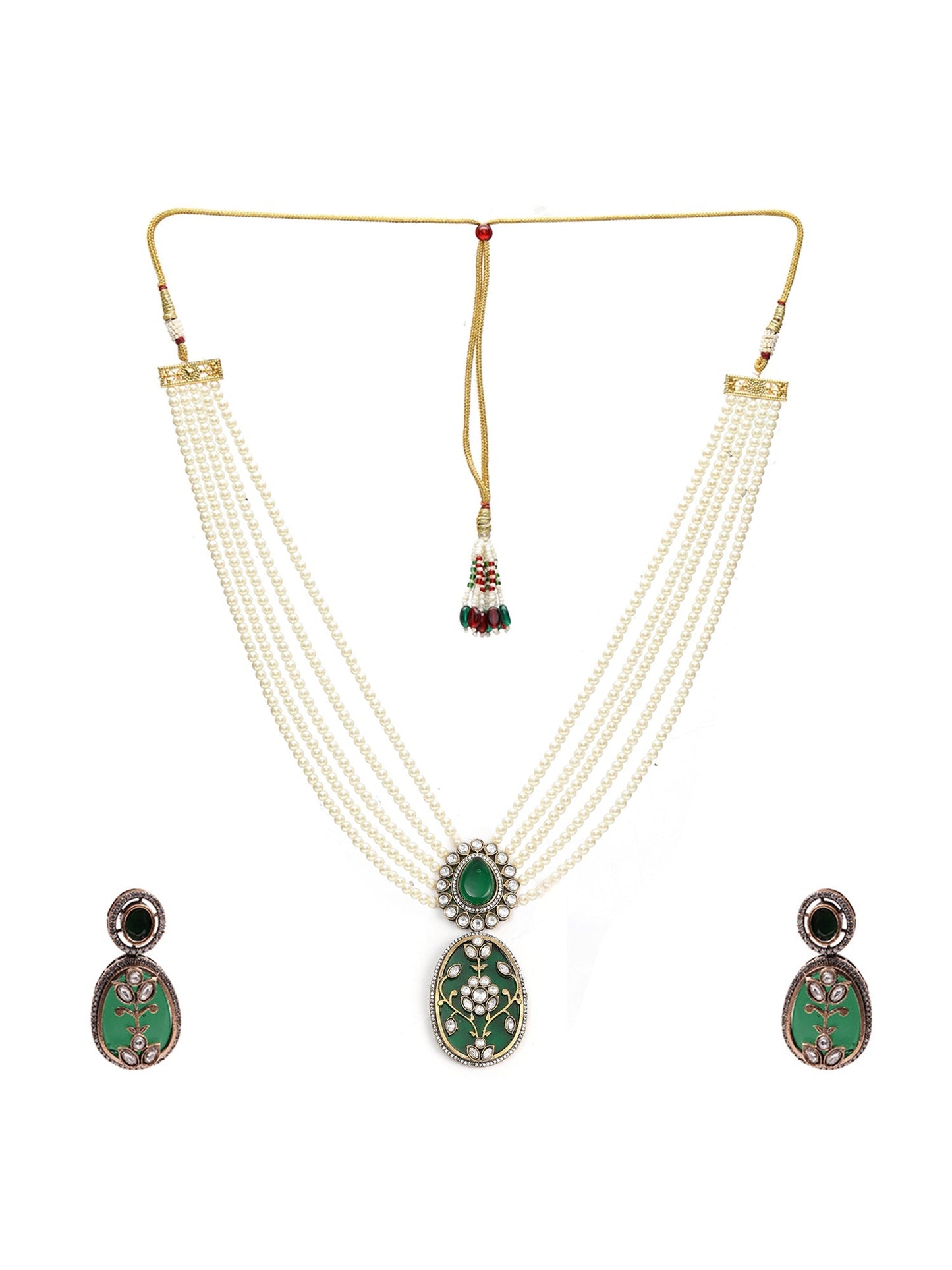 Long Pearl Layered Necklace with Pendant and Matching Earrings - Ruby Raang - Swadesiicart