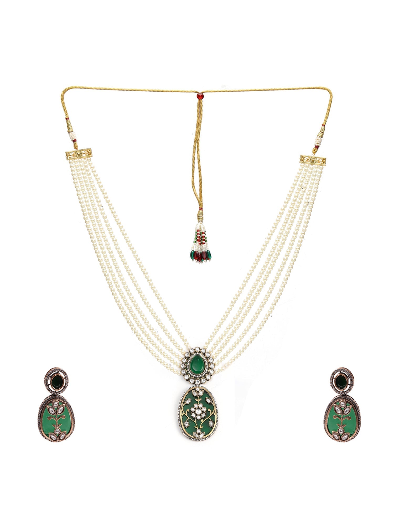 Long Pearl Layered Necklace with Pendant and Matching Earrings - Ruby Raang - Swadesiicart