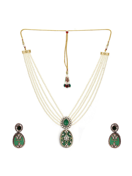 Long Pearl Layered Necklace with Pendant and Matching Earrings - Ruby Raang - Swadesiicart