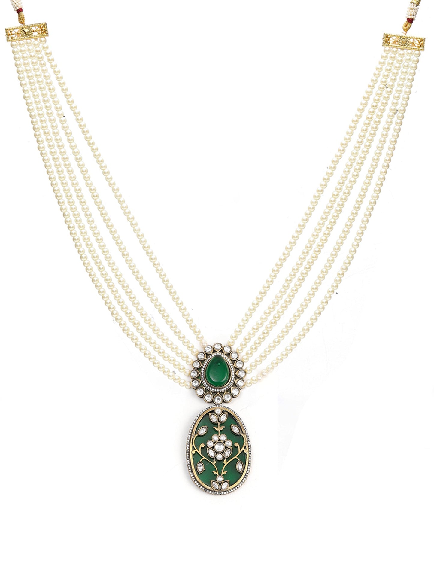 Long Pearl Layered Necklace with Pendant and Matching Earrings - Ruby Raang - Swadesiicart