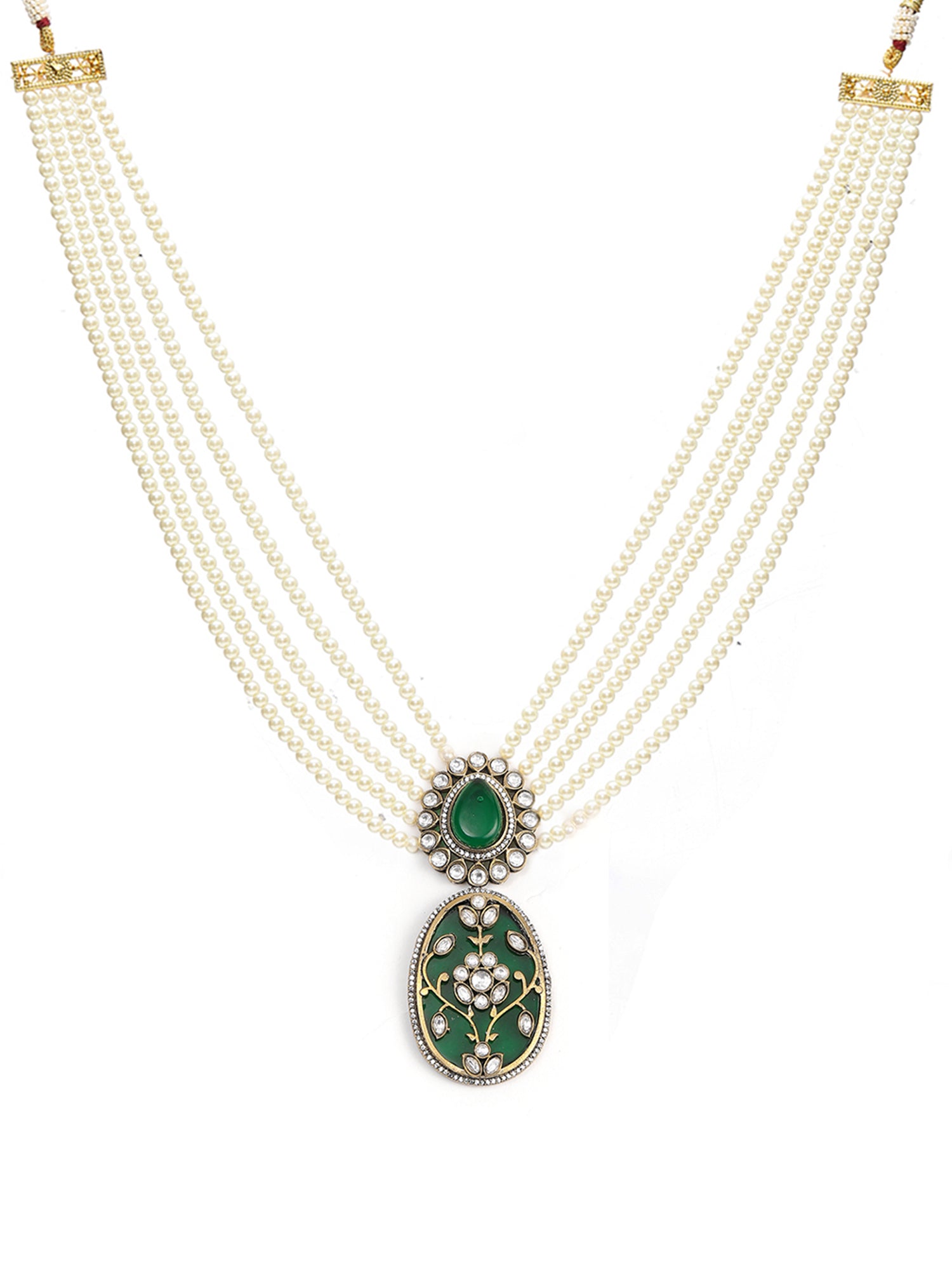 Long Pearl Layered Necklace with Pendant and Matching Earrings - Ruby Raang - Swadesiicart