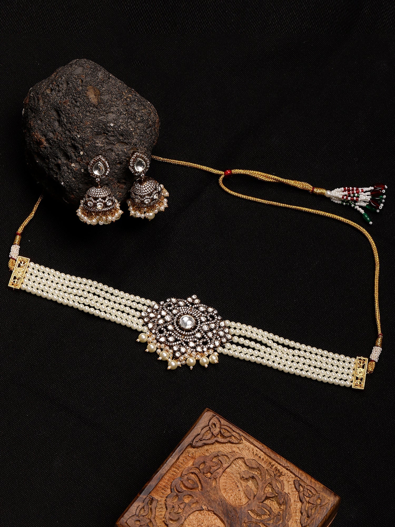 Kundan and Mossainite Choker in Pearls with matching Jhumki Earrings - Ruby Raang - Swadesiicart