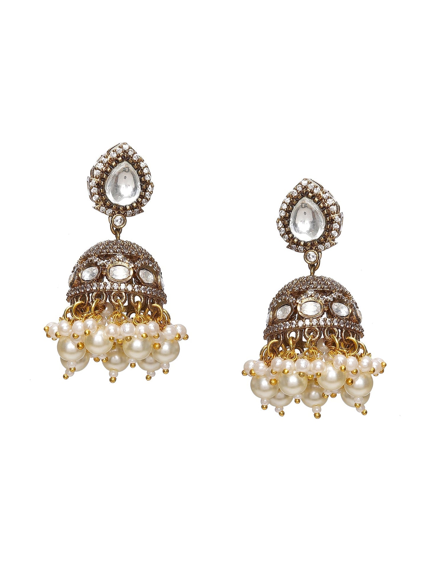 Kundan and Mossainite Choker in Pearls with matching Jhumki Earrings - Ruby Raang - Swadesiicart