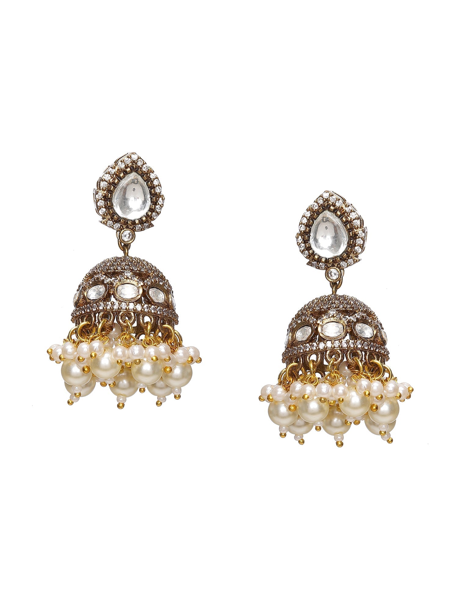 Kundan and Mossainite Choker in Pearls with matching Jhumki Earrings - Ruby Raang - Swadesiicart