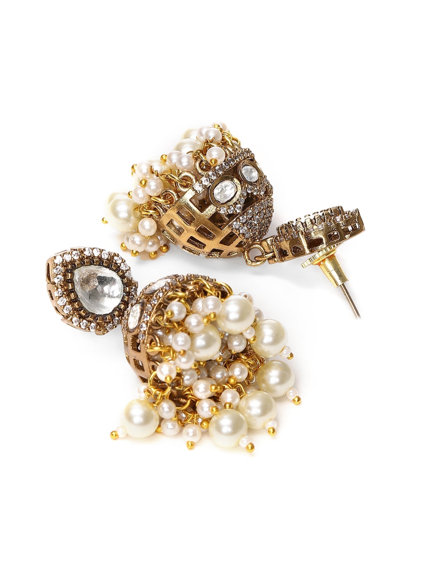 Kundan and Mossainite Choker in Pearls with matching Jhumki Earrings - Ruby Raang - Swadesiicart