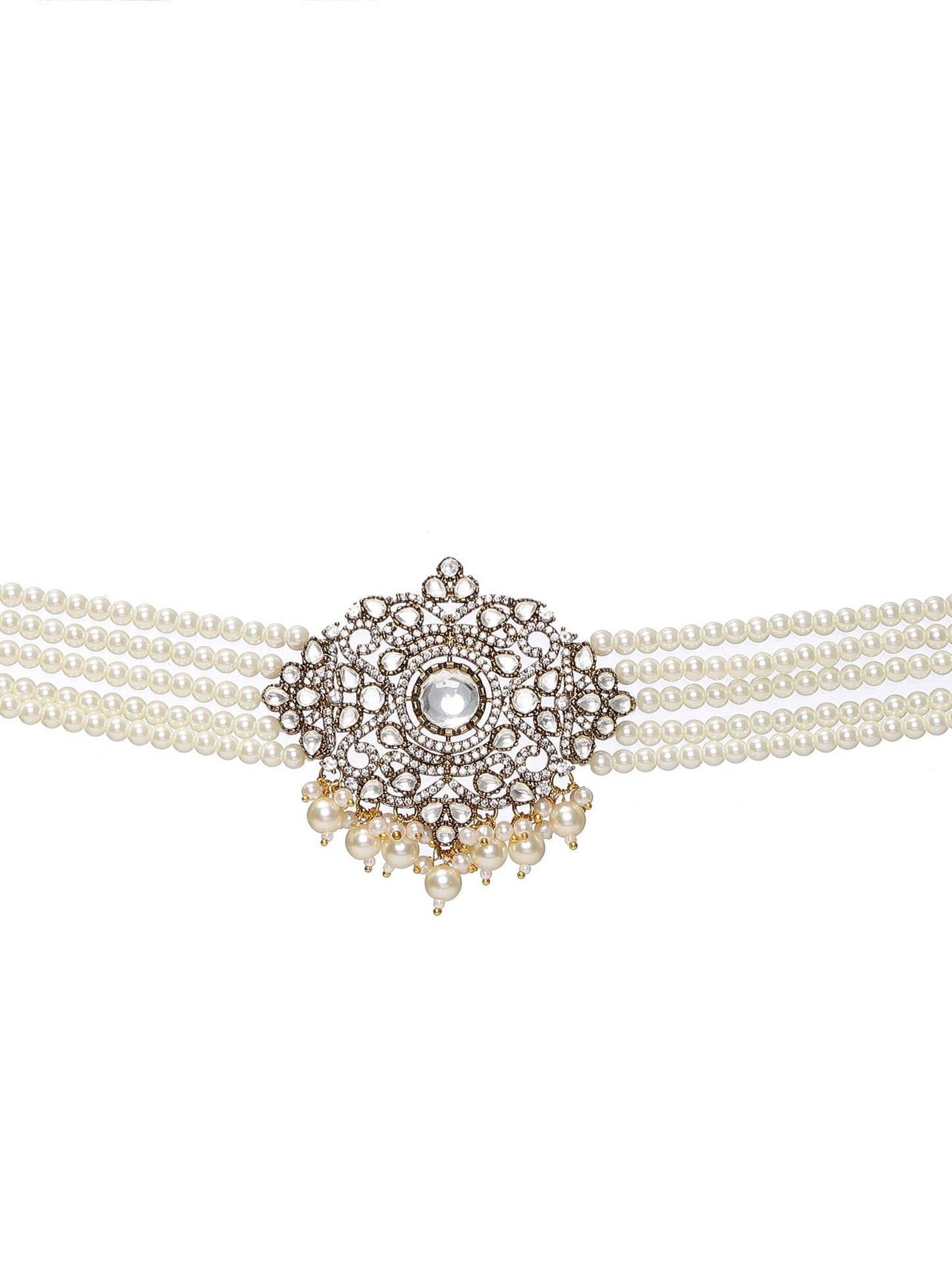 Kundan and Mossainite Choker in Pearls with matching Jhumki Earrings - Ruby Raang - Swadesiicart