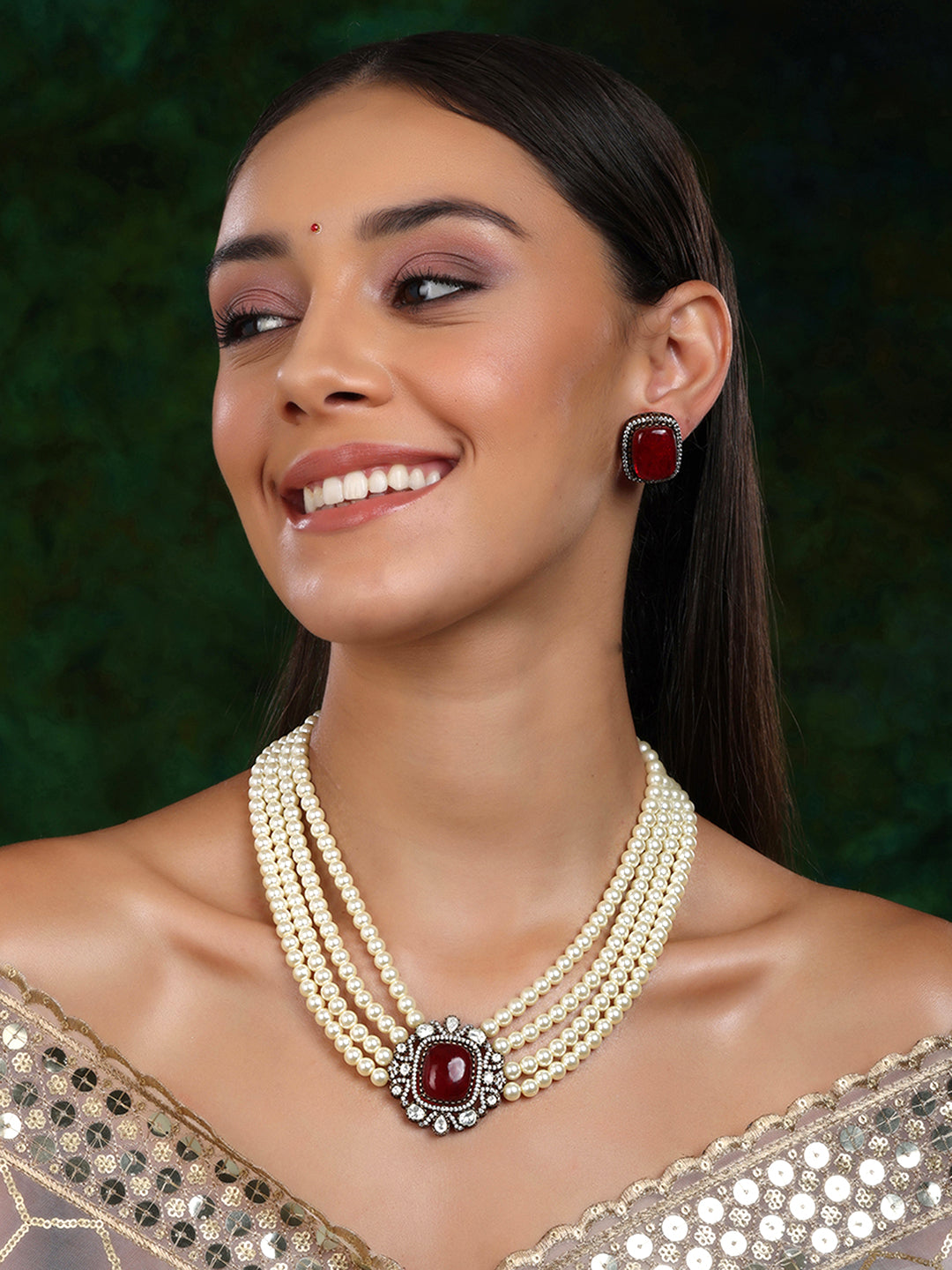 Maroon Stone and Mossainite Kundan in Pearls with Matching Studs - Ruby Raang - Swadesiicart