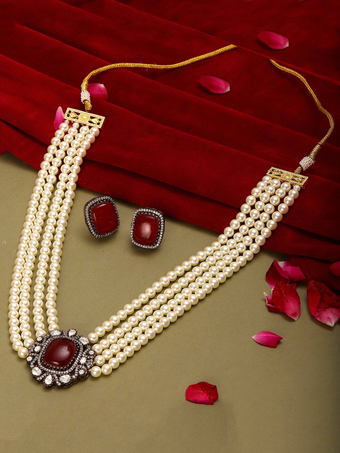 Maroon Stone and Mossainite Kundan in Pearls with Matching Studs - Ruby Raang - Swadesiicart