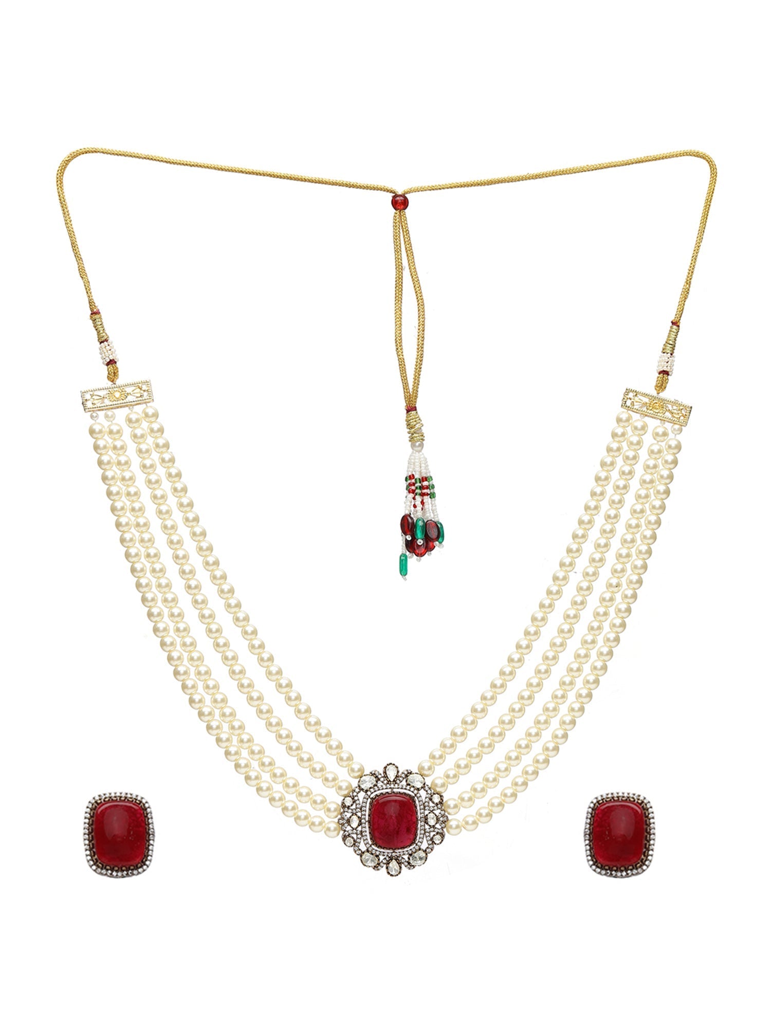 Maroon Stone and Mossainite Kundan in Pearls with Matching Studs - Ruby Raang - Swadesiicart