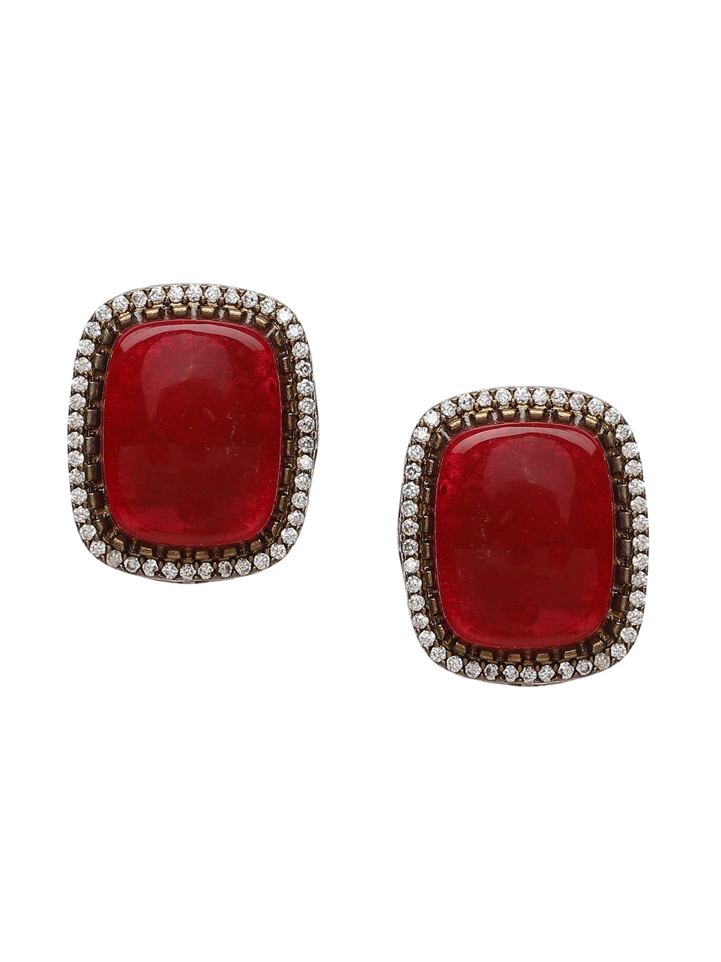Maroon Stone and Mossainite Kundan in Pearls with Matching Studs - Ruby Raang - Swadesiicart