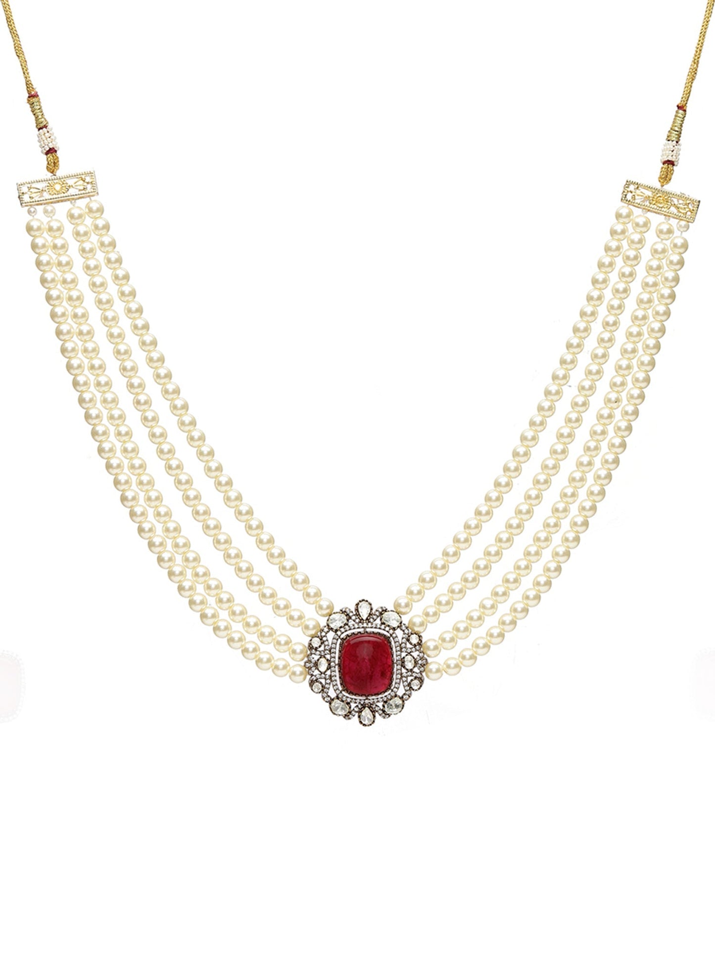 Maroon Stone and Mossainite Kundan in Pearls with Matching Studs - Ruby Raang - Swadesiicart