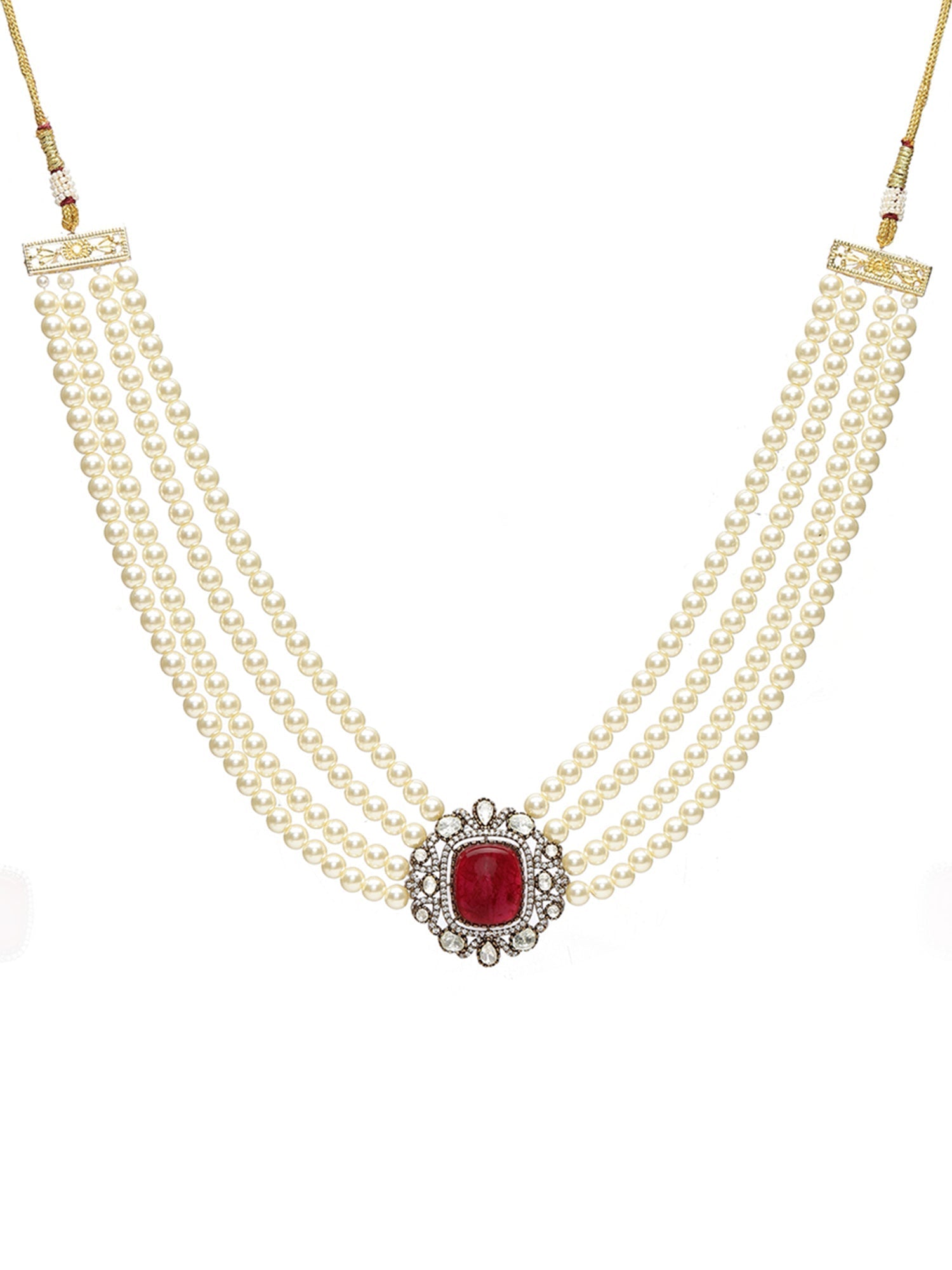 Maroon Stone and Mossainite Kundan in Pearls with Matching Studs - Ruby Raang - Swadesiicart