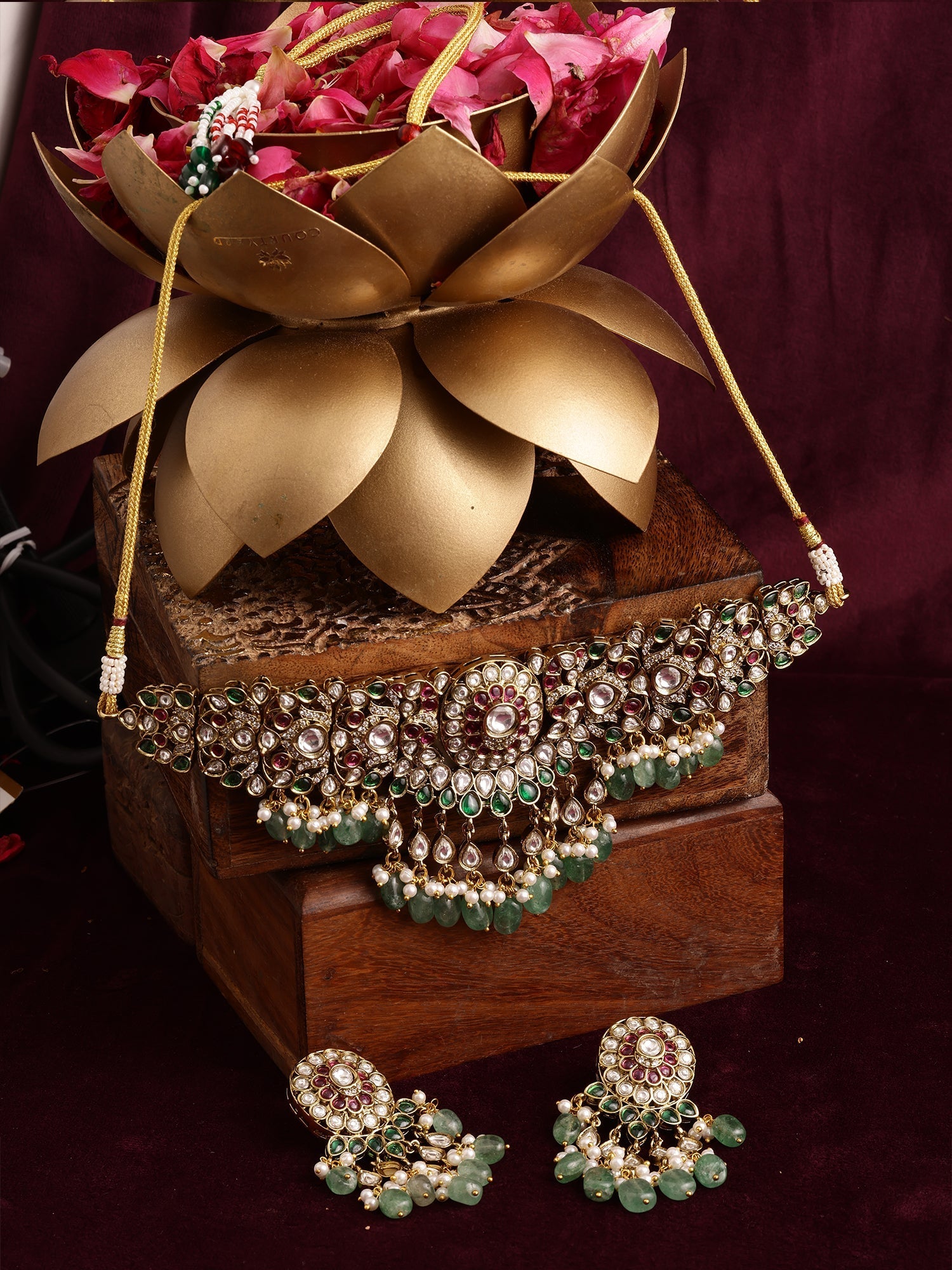 Precious Handcrafted Stone Neckpiece with Emeralds - Ruby Raang - Swadesiicart