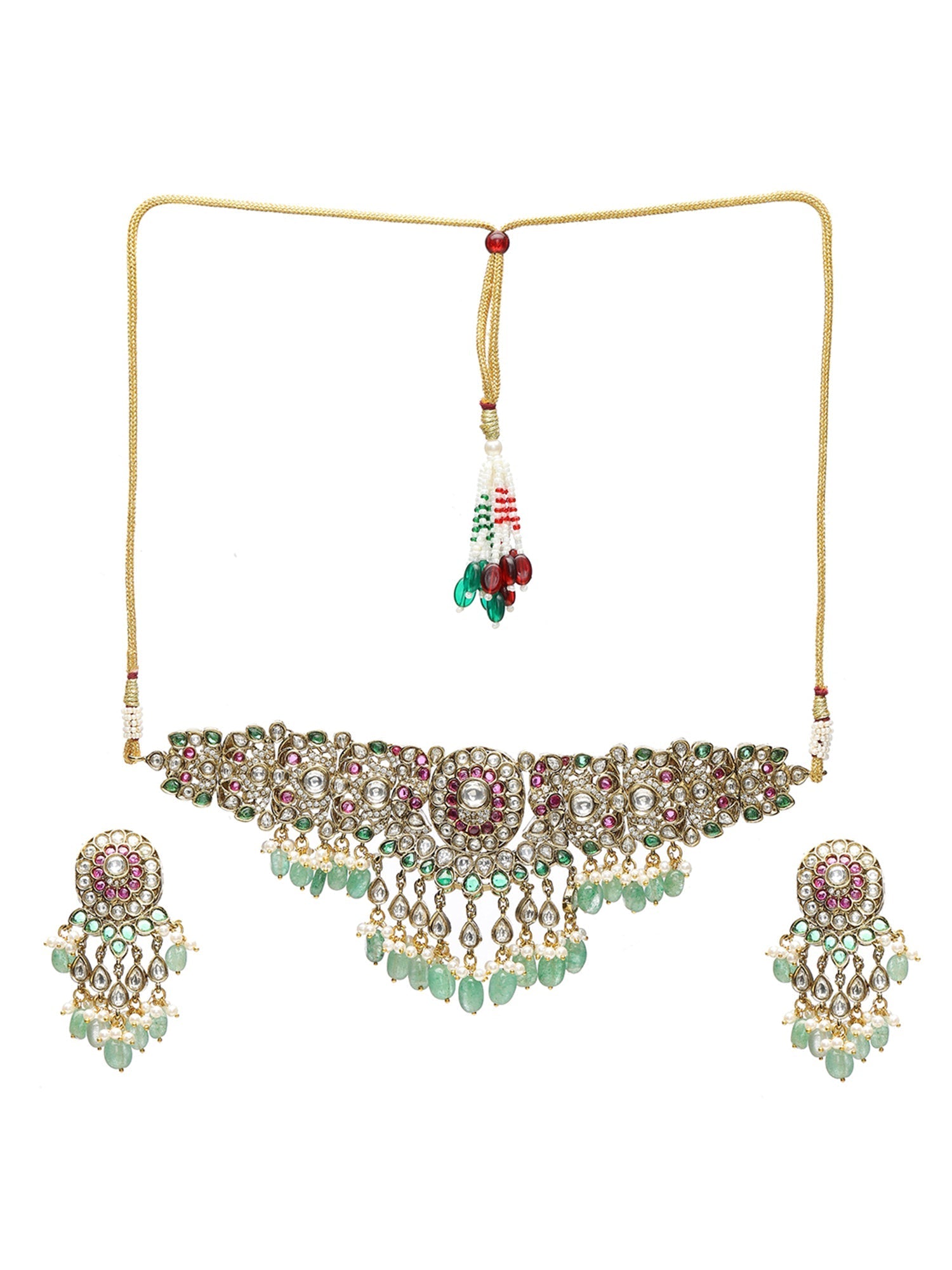 Precious Handcrafted Stone Neckpiece with Emeralds - Ruby Raang - Swadesiicart