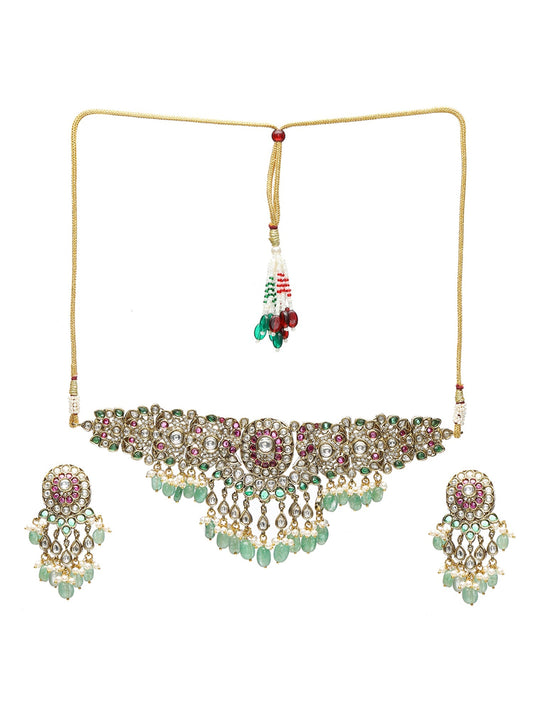 Precious Handcrafted Stone Neckpiece with Emeralds - Ruby Raang - Swadesiicart