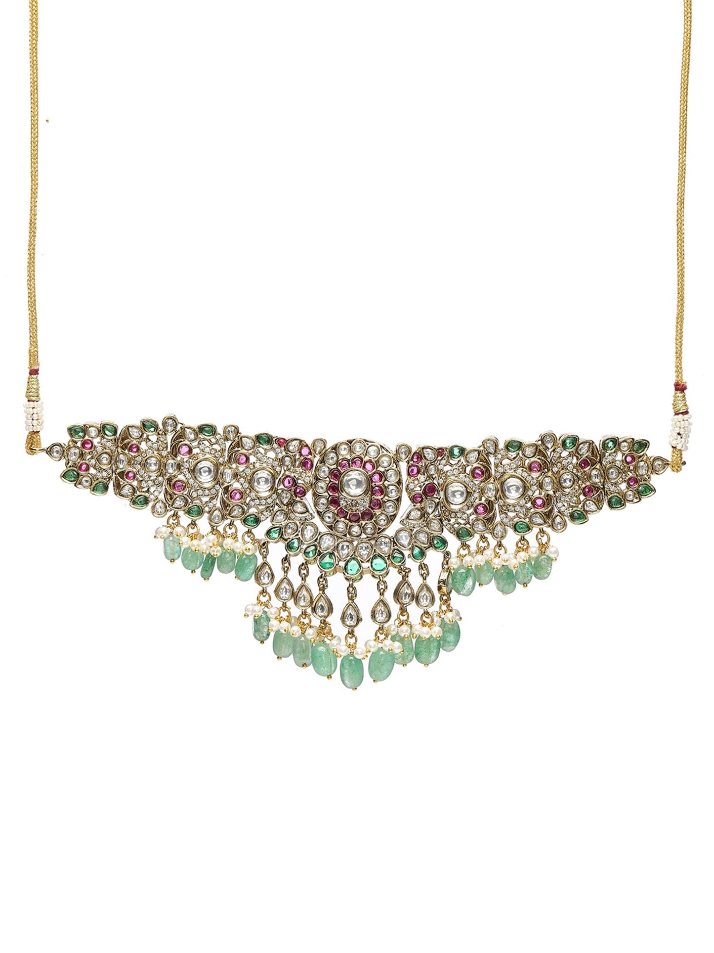 Precious Handcrafted Stone Neckpiece with Emeralds - Ruby Raang - Swadesiicart