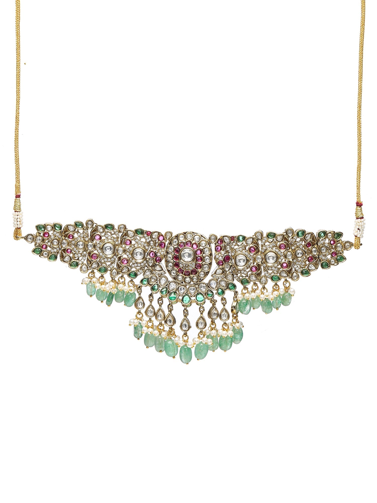 Precious Handcrafted Stone Neckpiece with Emeralds - Ruby Raang - Swadesiicart