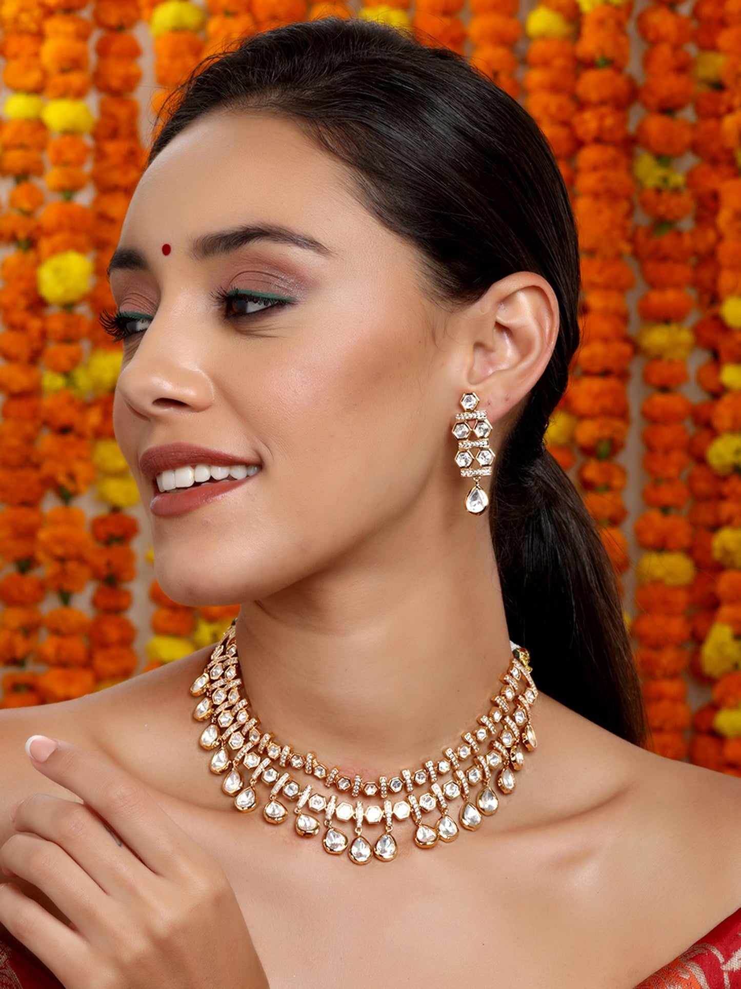 Kundan & Mossainite Necklace with Earrings - Ruby Raang - Swadesiicart