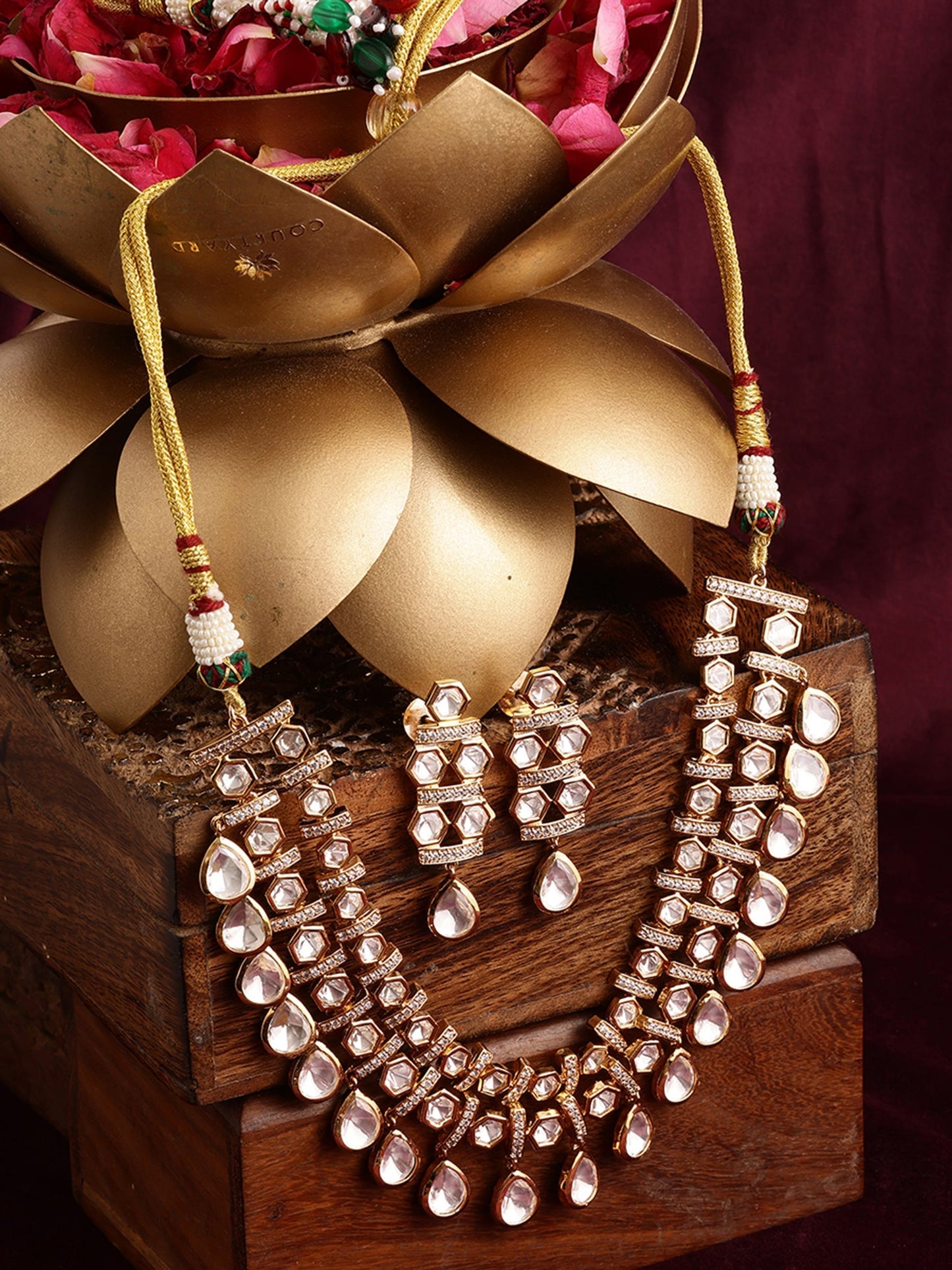 Kundan & Mossainite Necklace with Earrings - Ruby Raang - Swadesiicart